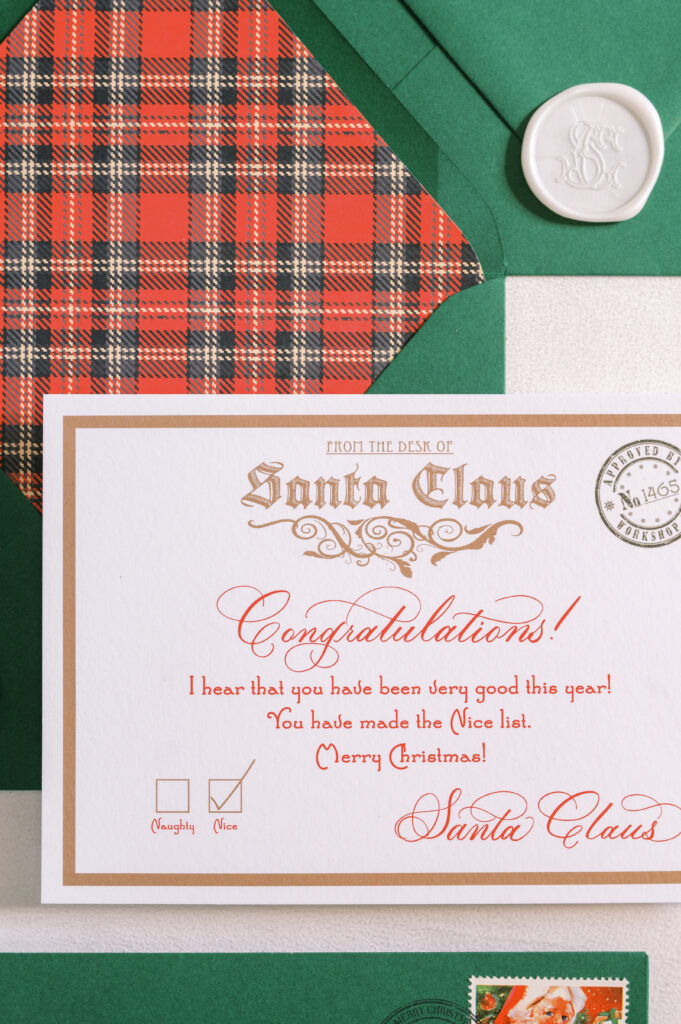 Plaid-lined green envelope displaying a Letter from Santa.