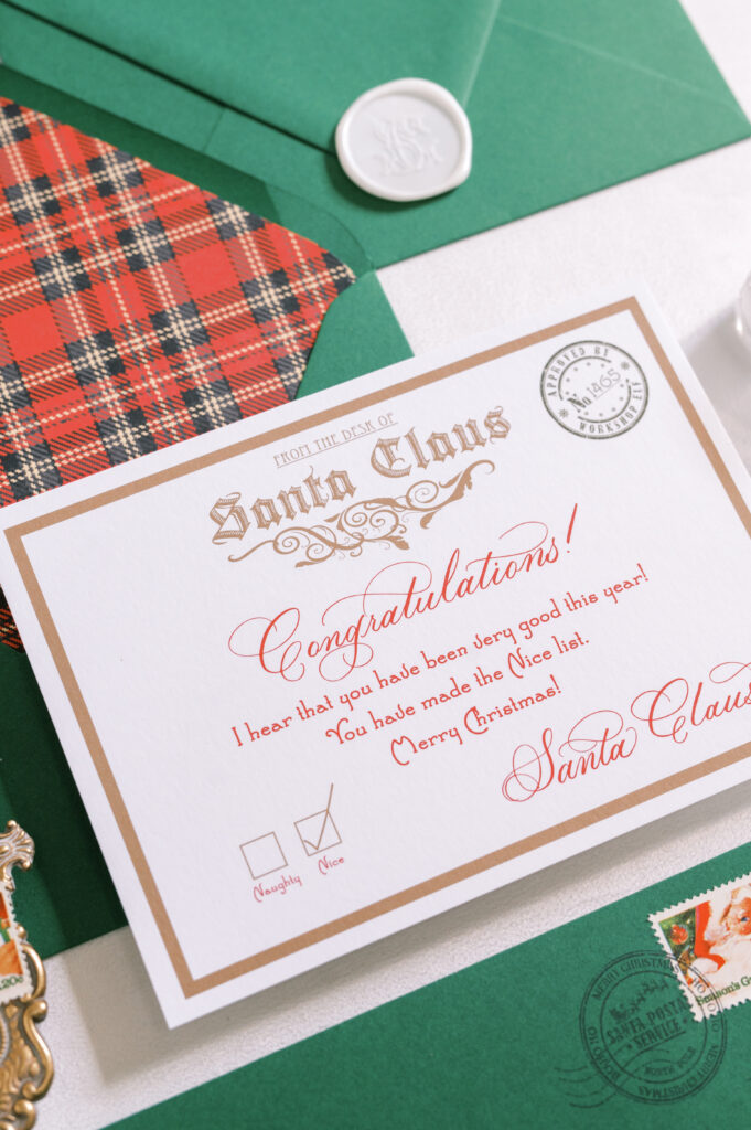 Plaid-lined green envelope displaying a Letter from Santa.