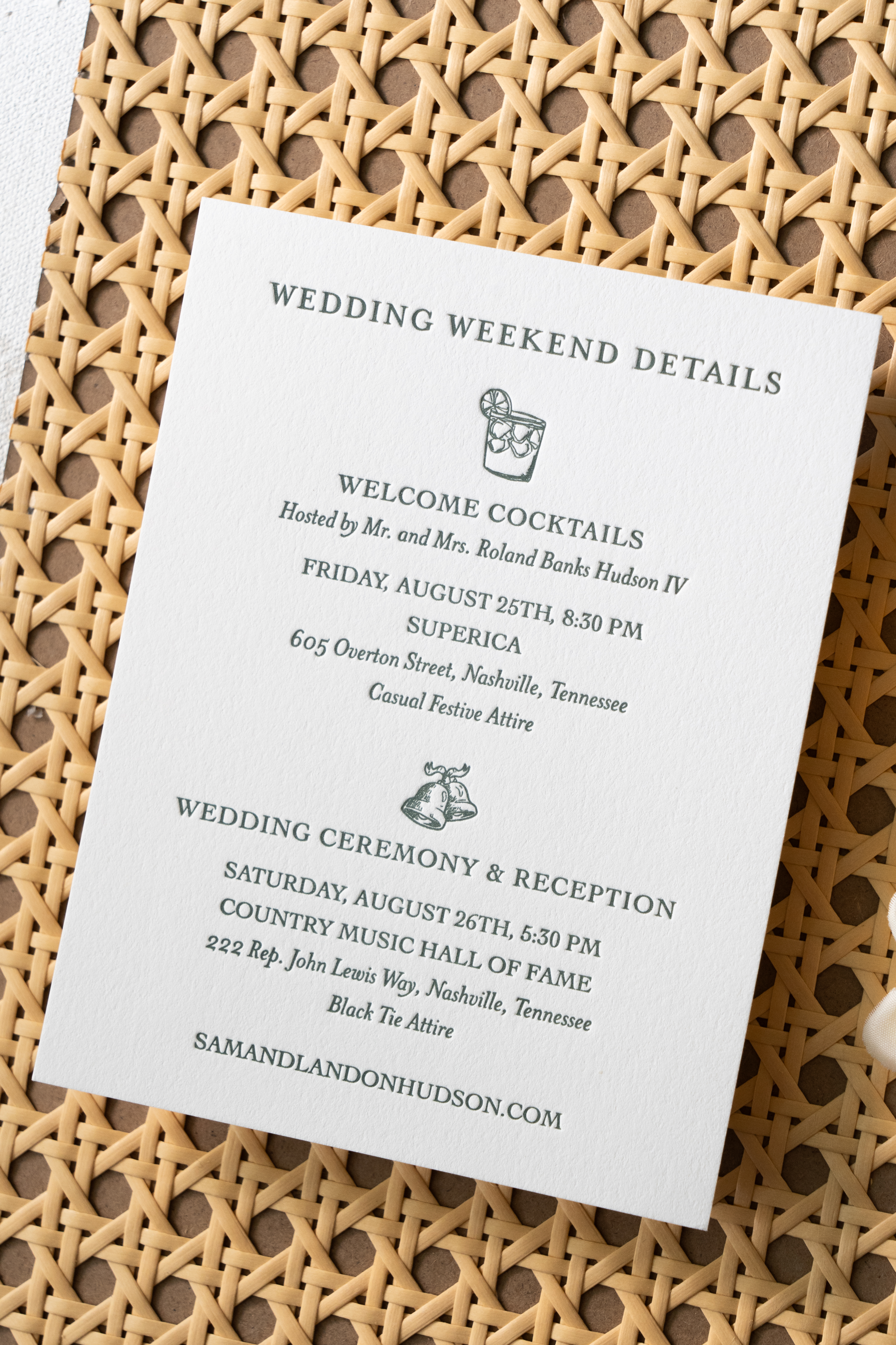 Back of custom invitation listing wedding details.