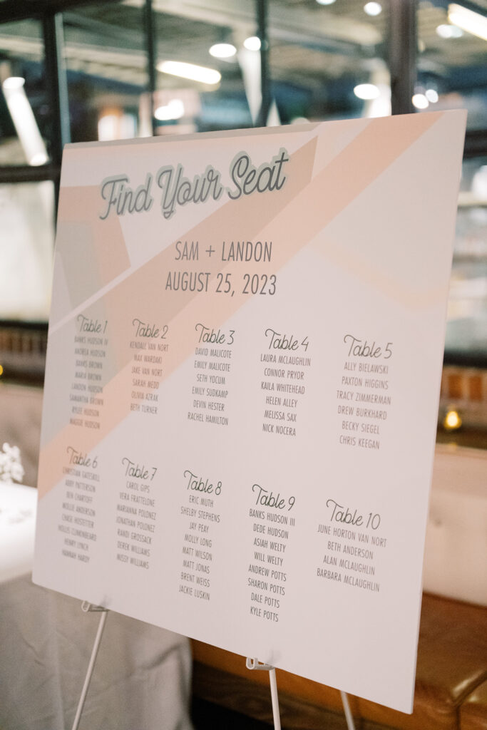 White wedding reception seating chart sign displayed on easel.