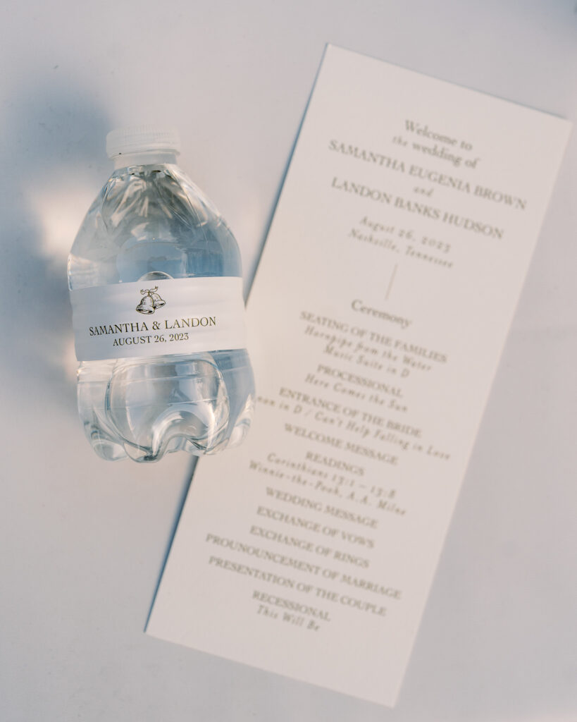 Wedding program and custom bottled water.