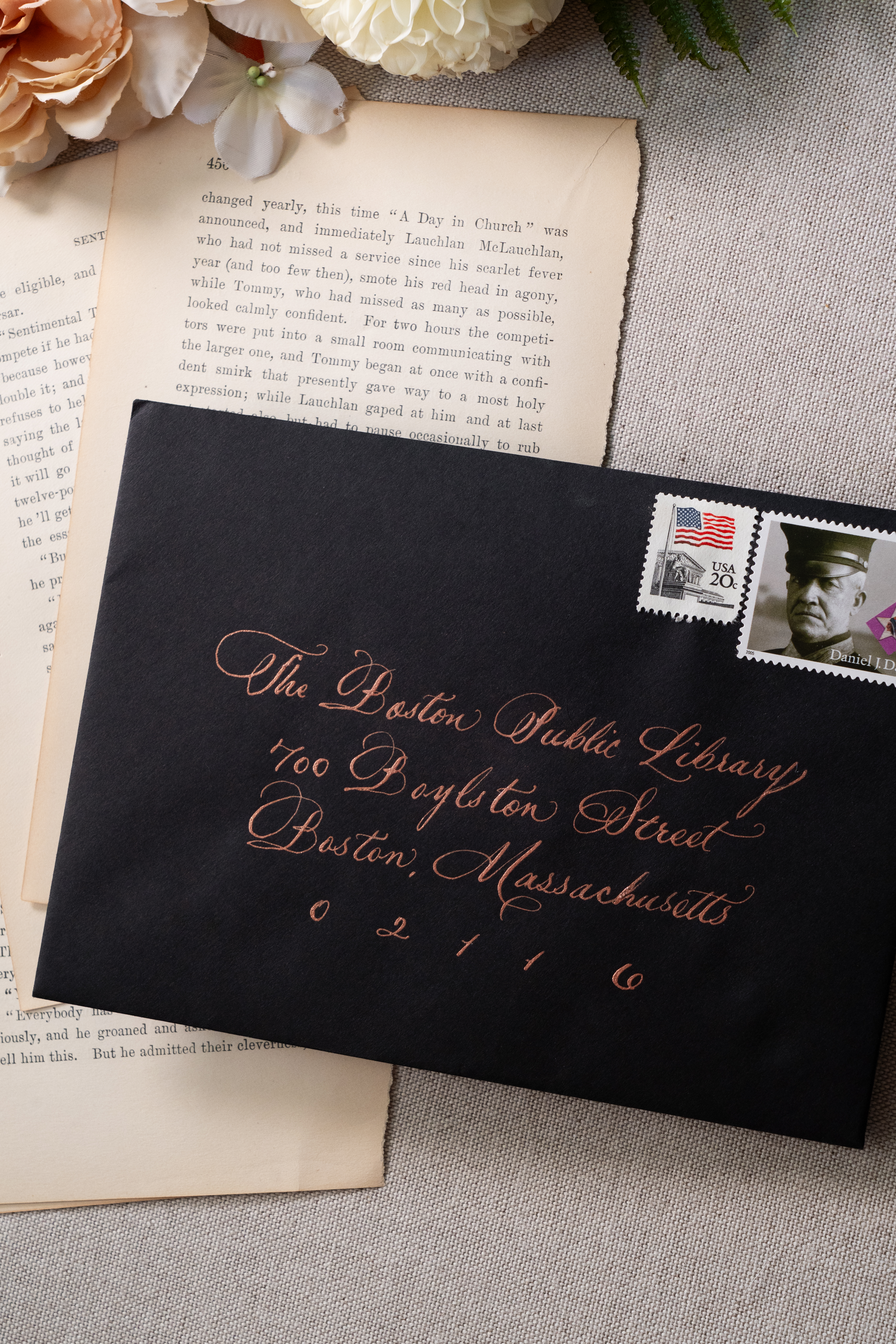 fully calligraphed, black wedding invite envelope