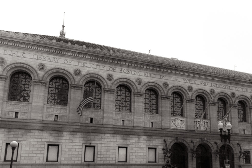 black and white image of the Boston Public Library building
