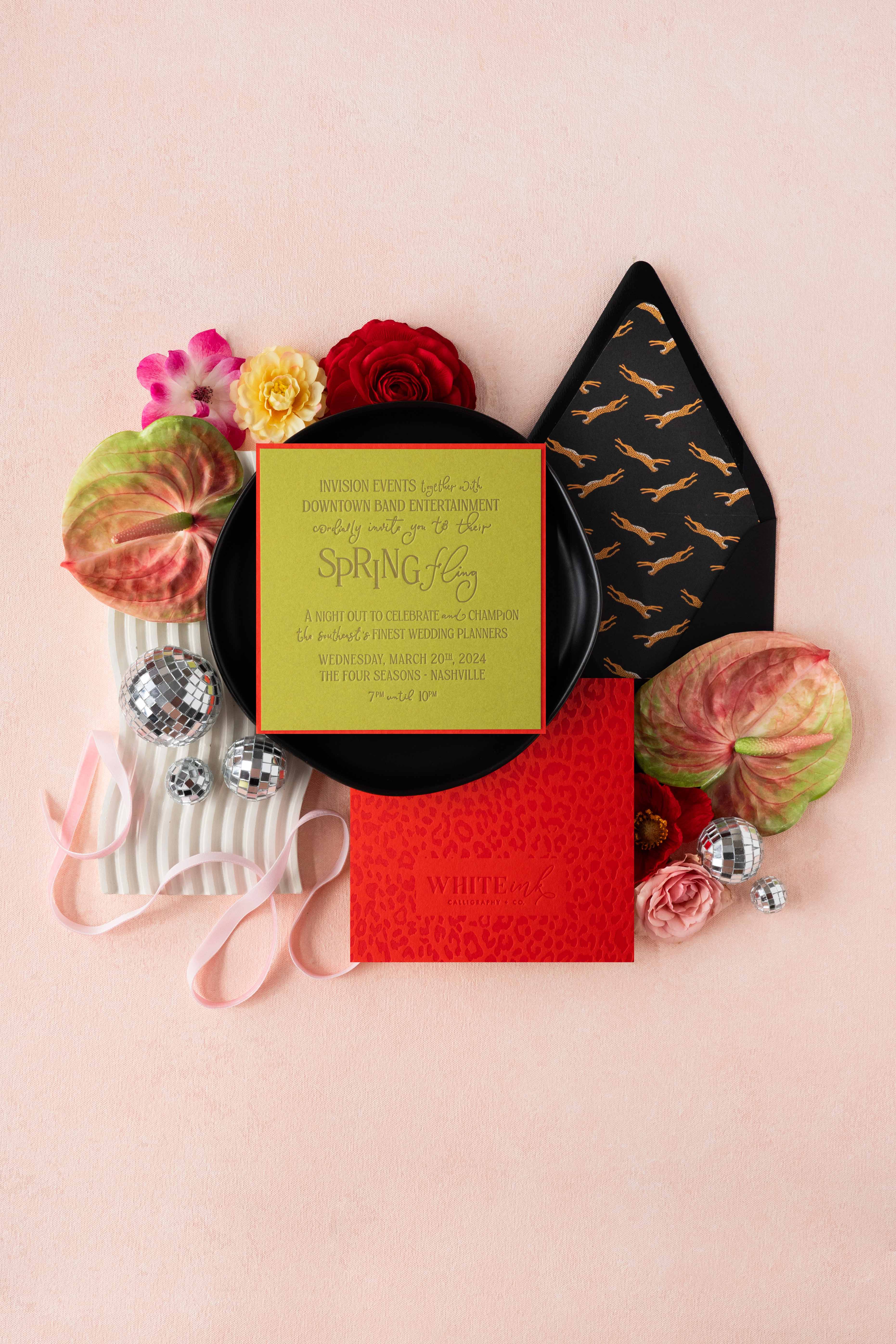 fun and playful Spring fling event invitation suite in bold colors and fun leopard print envelope liner