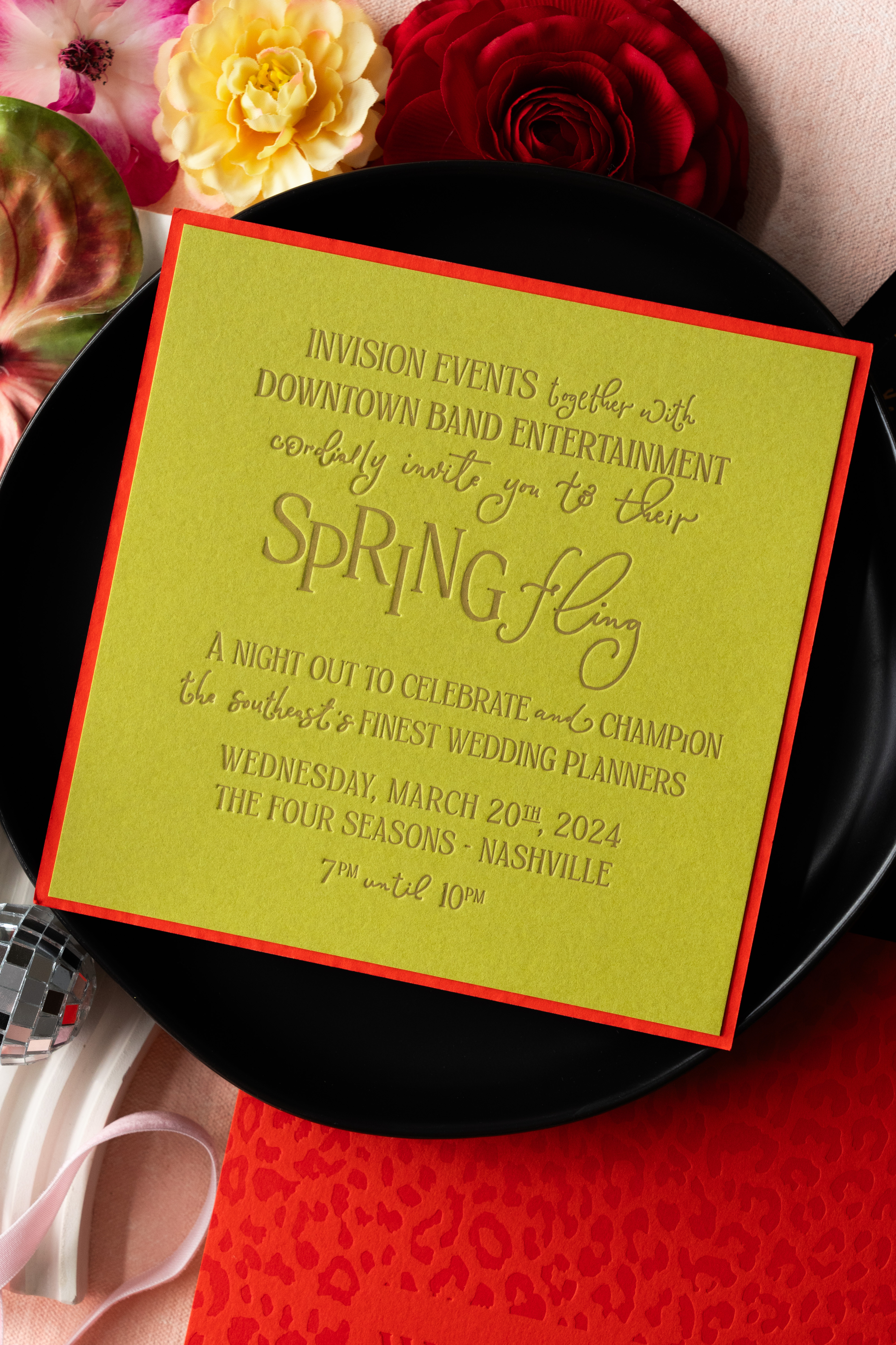 bright green Spring fling invite with letterpressed wording 