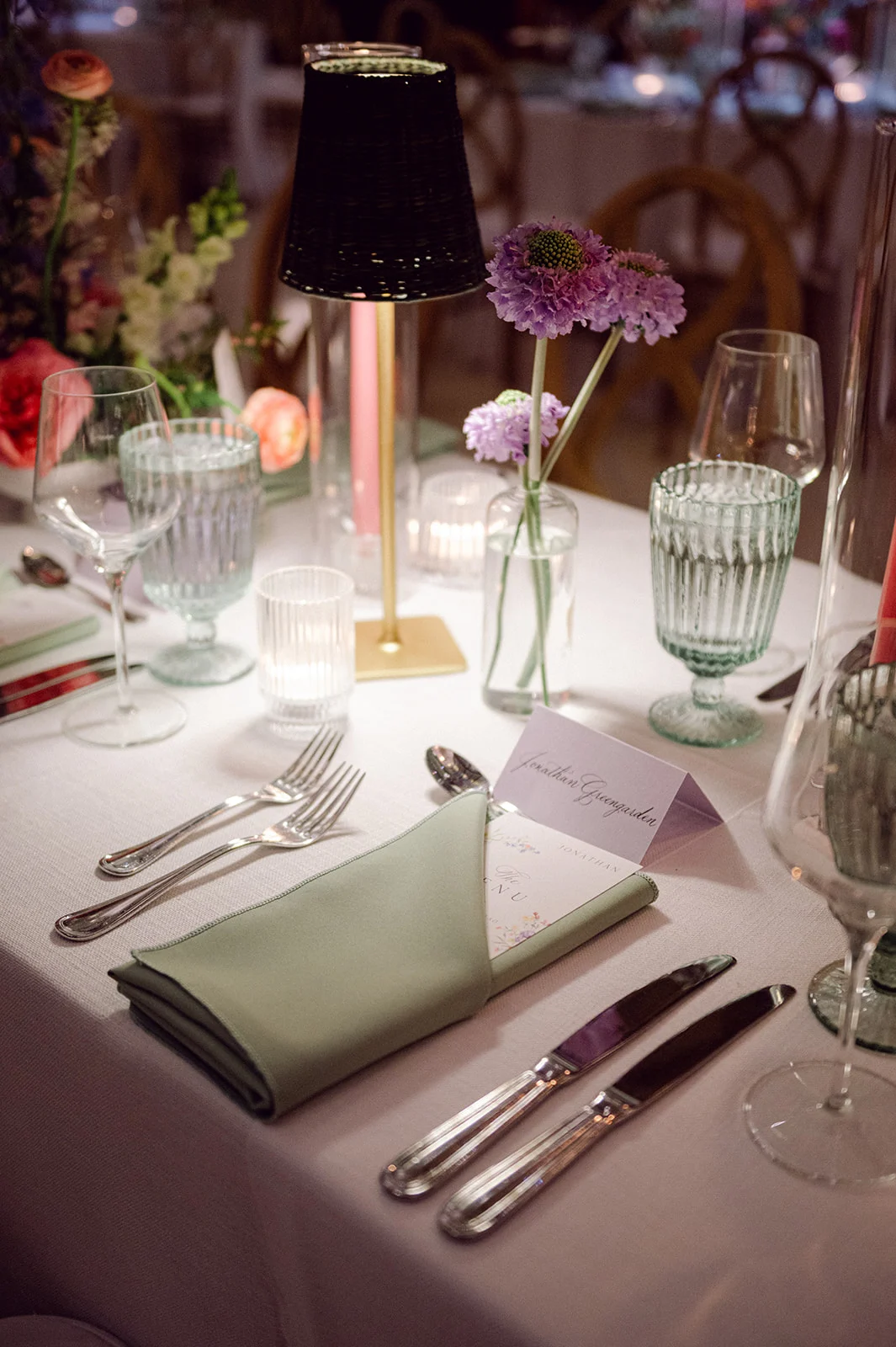 menus and place cards by Nashville stationery studio on elegant tablescape.