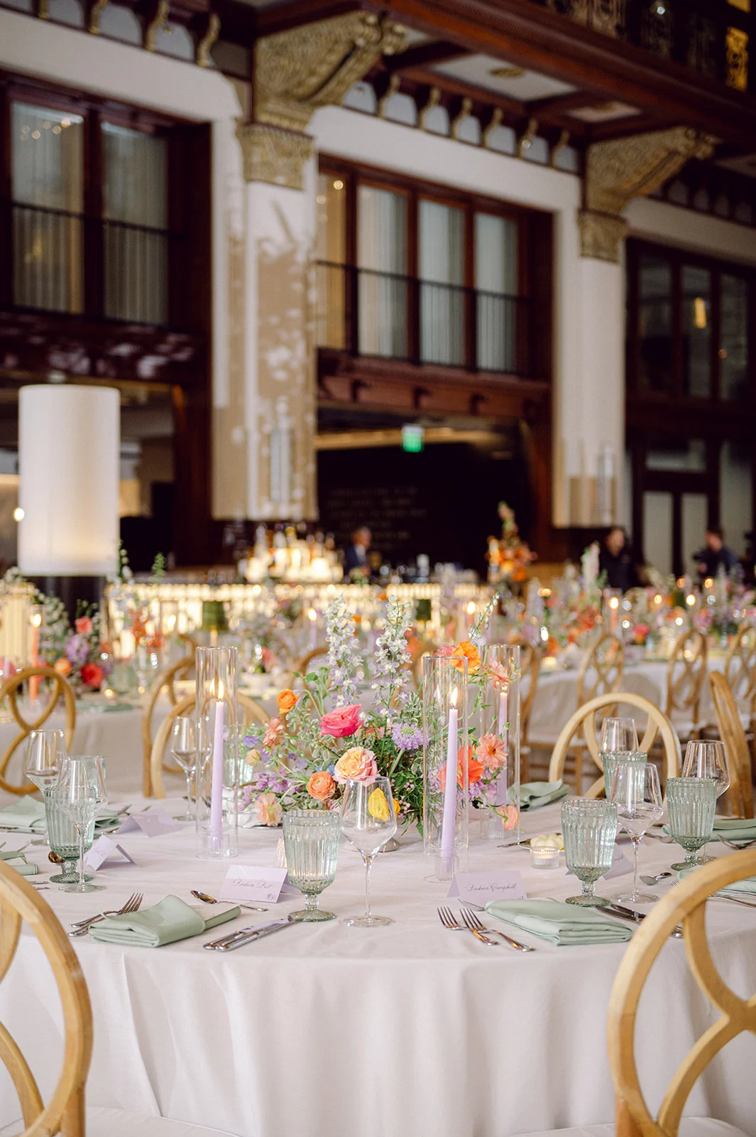colorful florals decorate tables at Union Station Hotel Wedding in Nashville, TN.