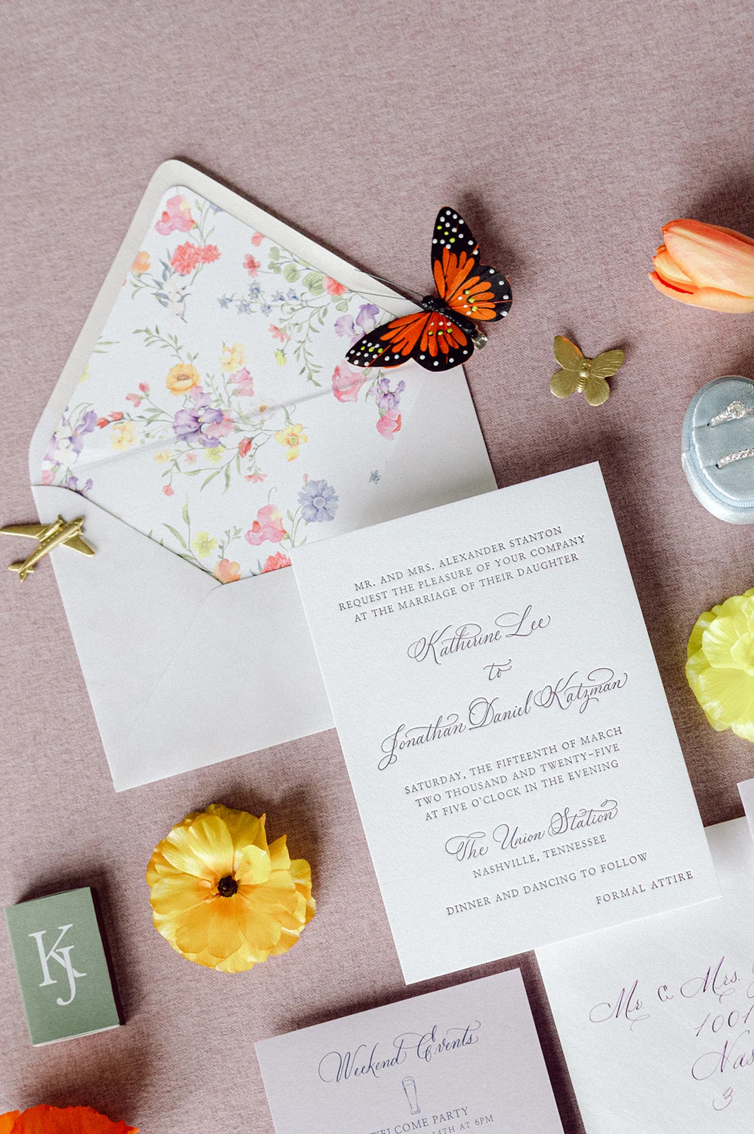 floral envelope liner and lavender details by Nashville calligraphy studio.