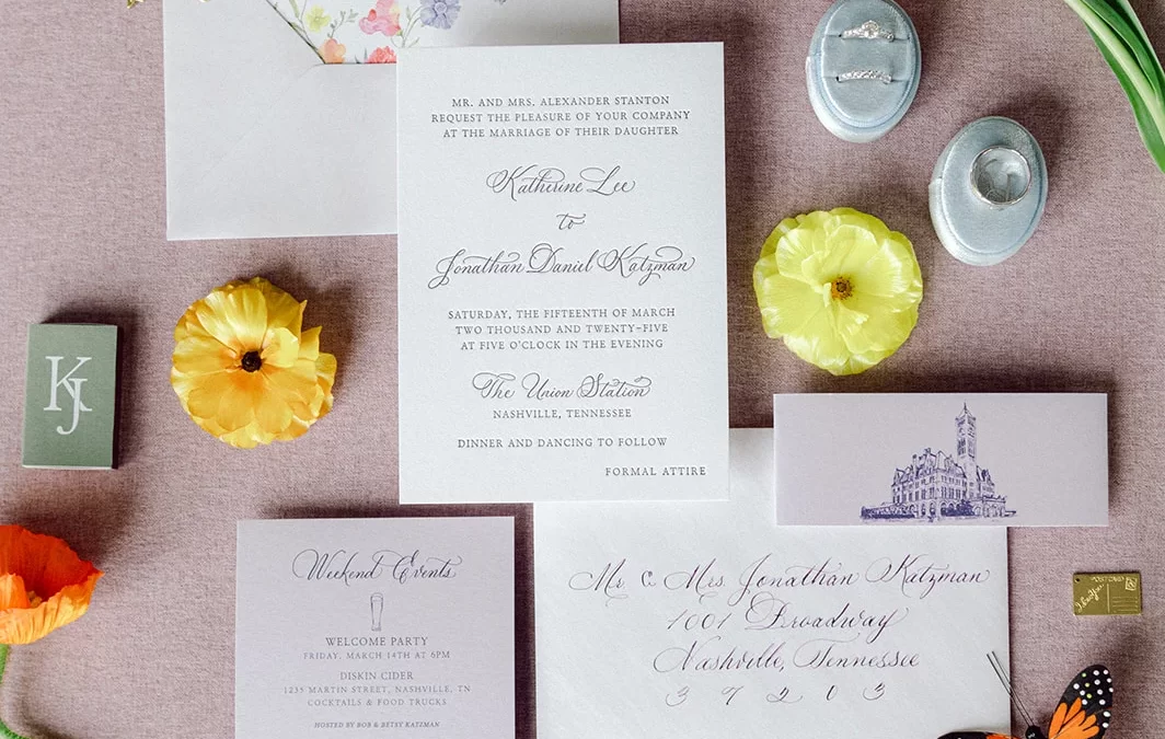 Lavender Wedding Invitations and Details | Historic Union Station Hotel Wedding in Nashville, TN