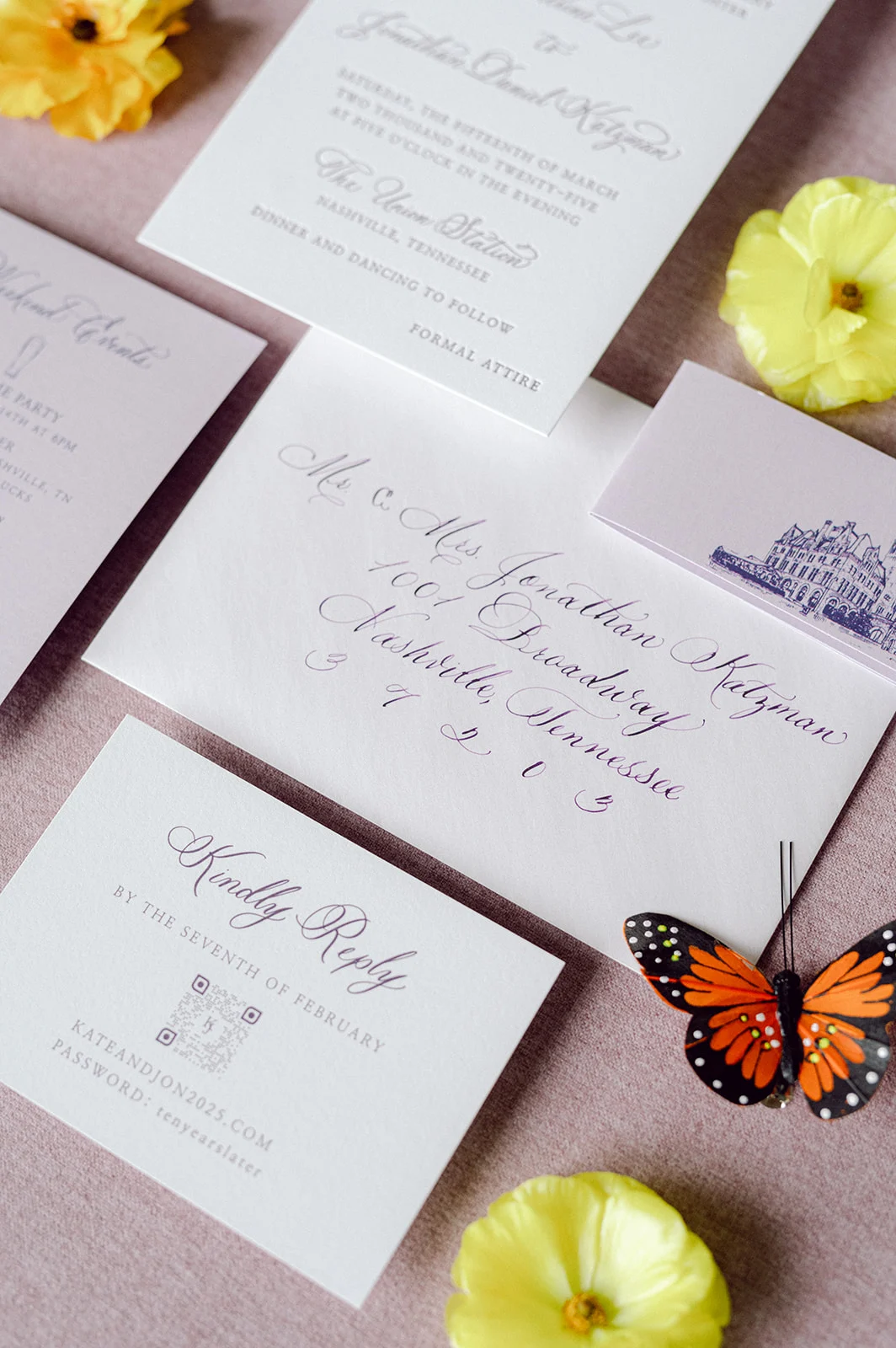 Elegant and custom wedding invitation suite by Nashville Calligraphy studio.