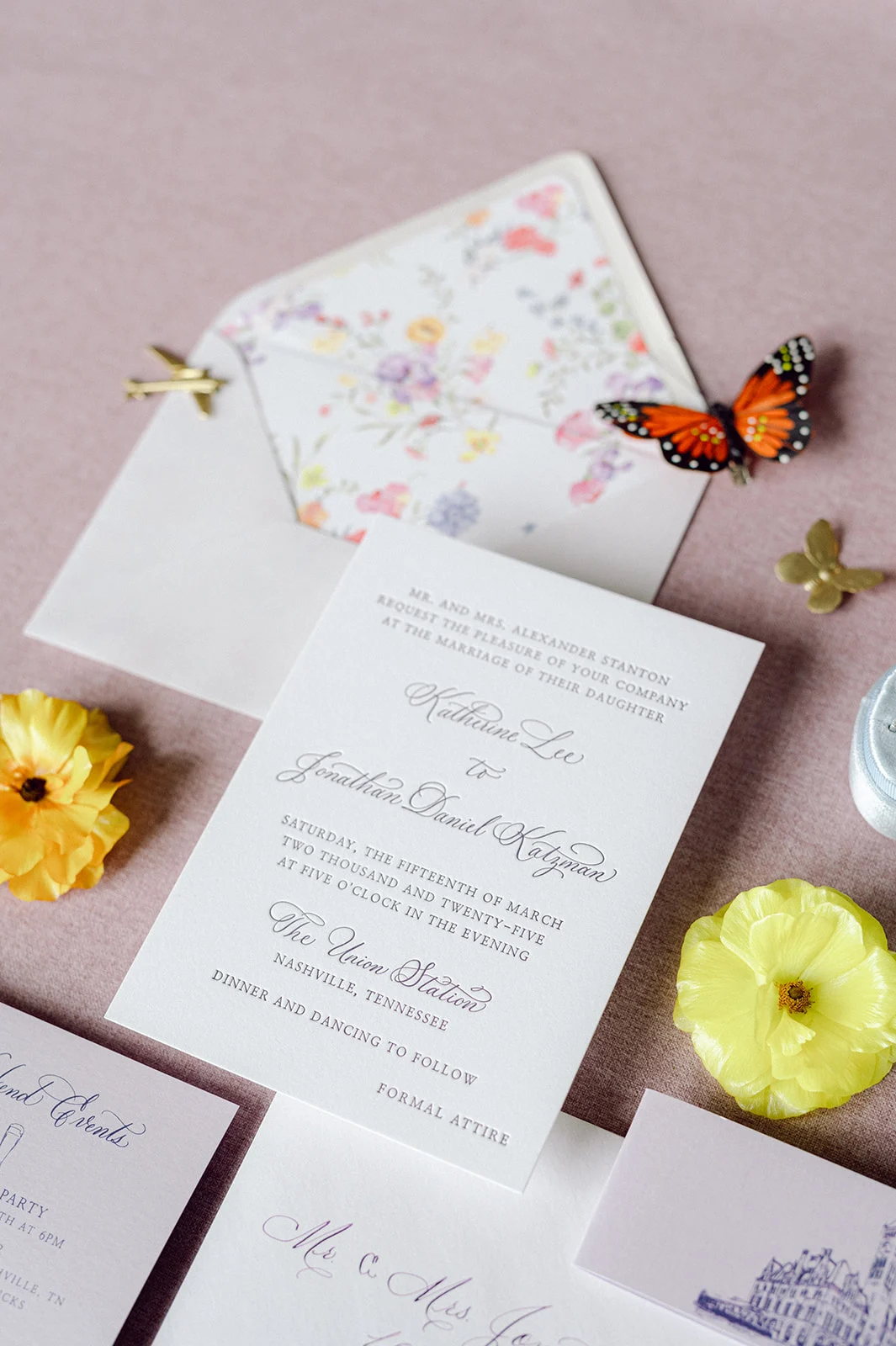 Lavender Wedding Invitation suite and Details from Historic Union Station Hotel Wedding in Nashville, TN