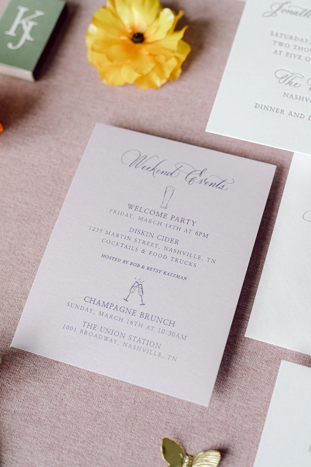 Lavender Wedding Invitations and Details with custom design of Union Station Hotel on band.