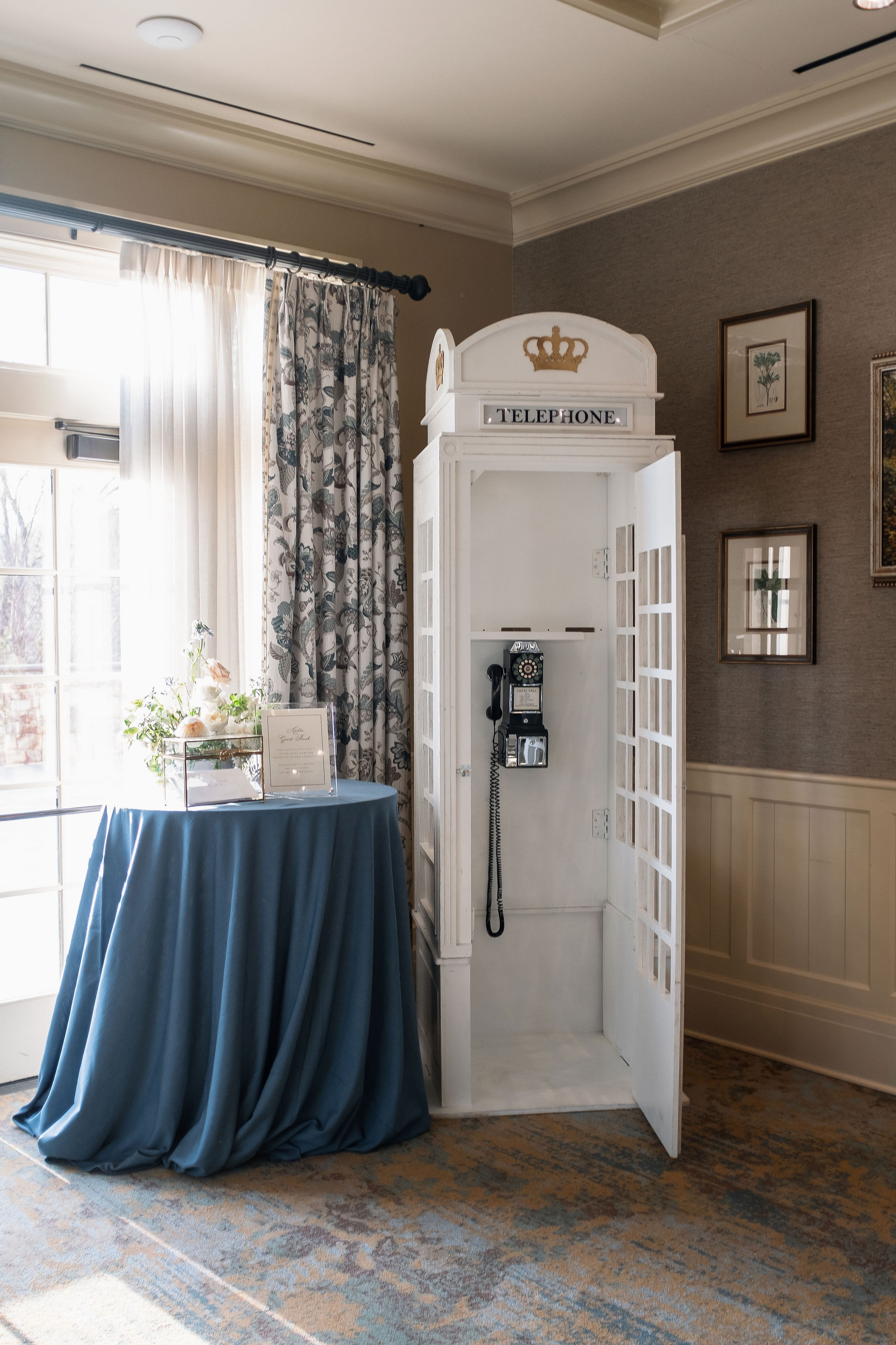 vintage telephone booth for audio guestbook at romantic Georgia wedding 