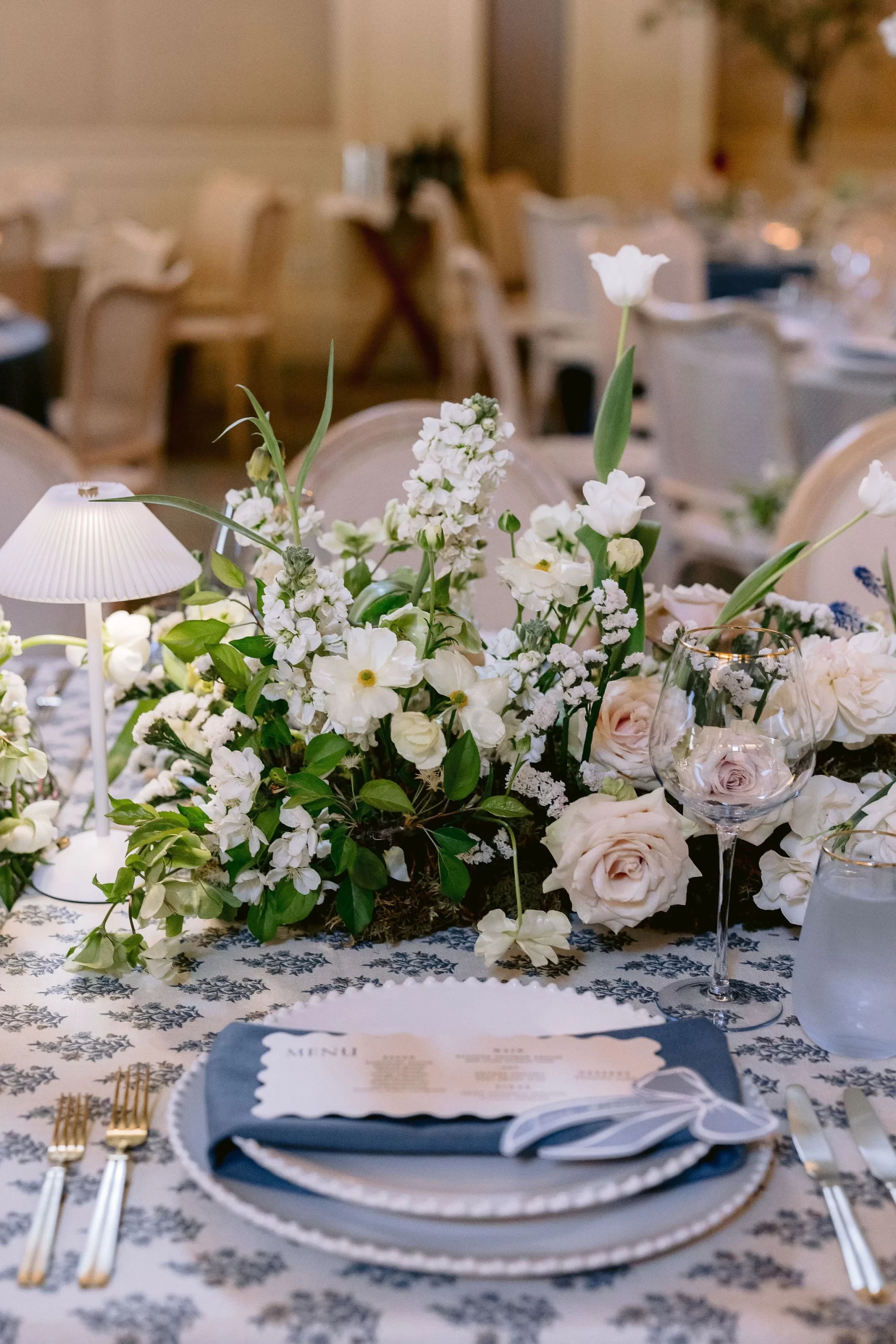 elegant place setting and floral centerpieces from romantic Barnsley Resort Wedding.  