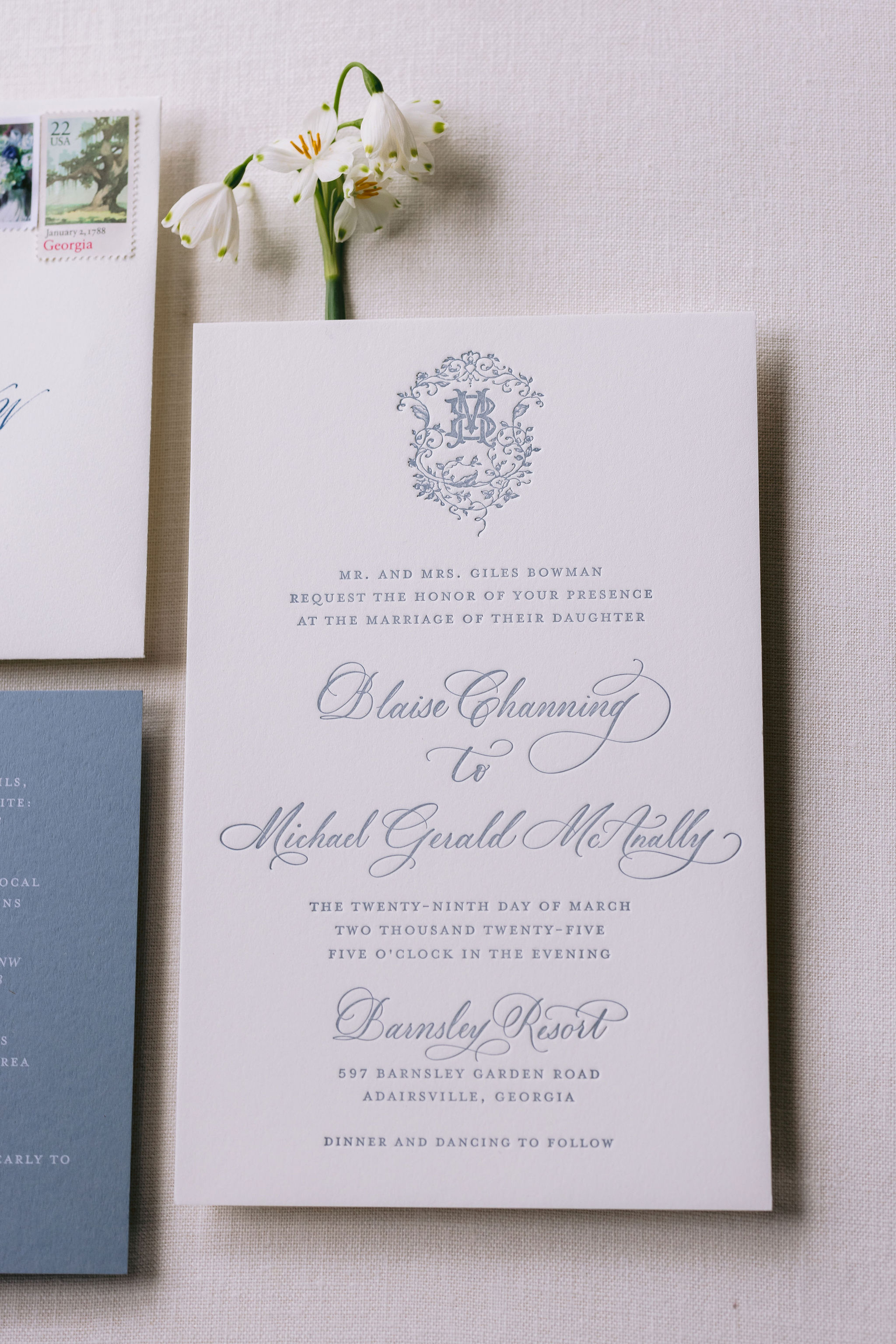 wedding invitation by Nashville Calligraphy studio with monogram detail from other wedding and day-of-details 
