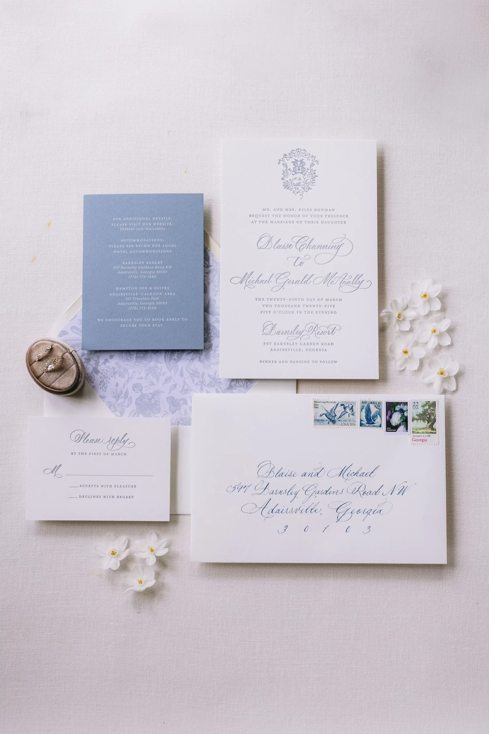 white and steel blue wedding invitation suite from Romantic Barnsley Resort Wedding