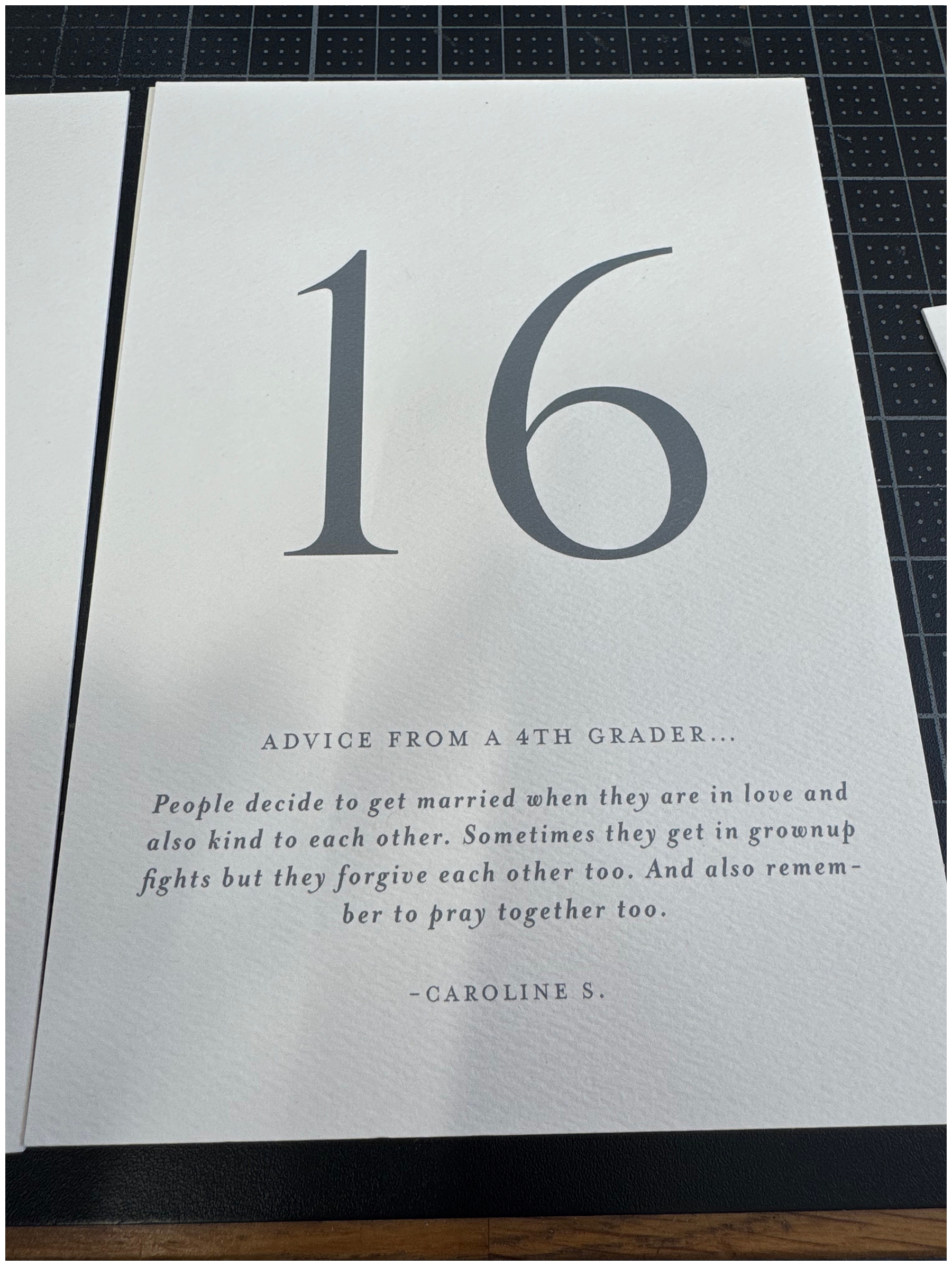 custom table numbers that include advice from bride's third grade class