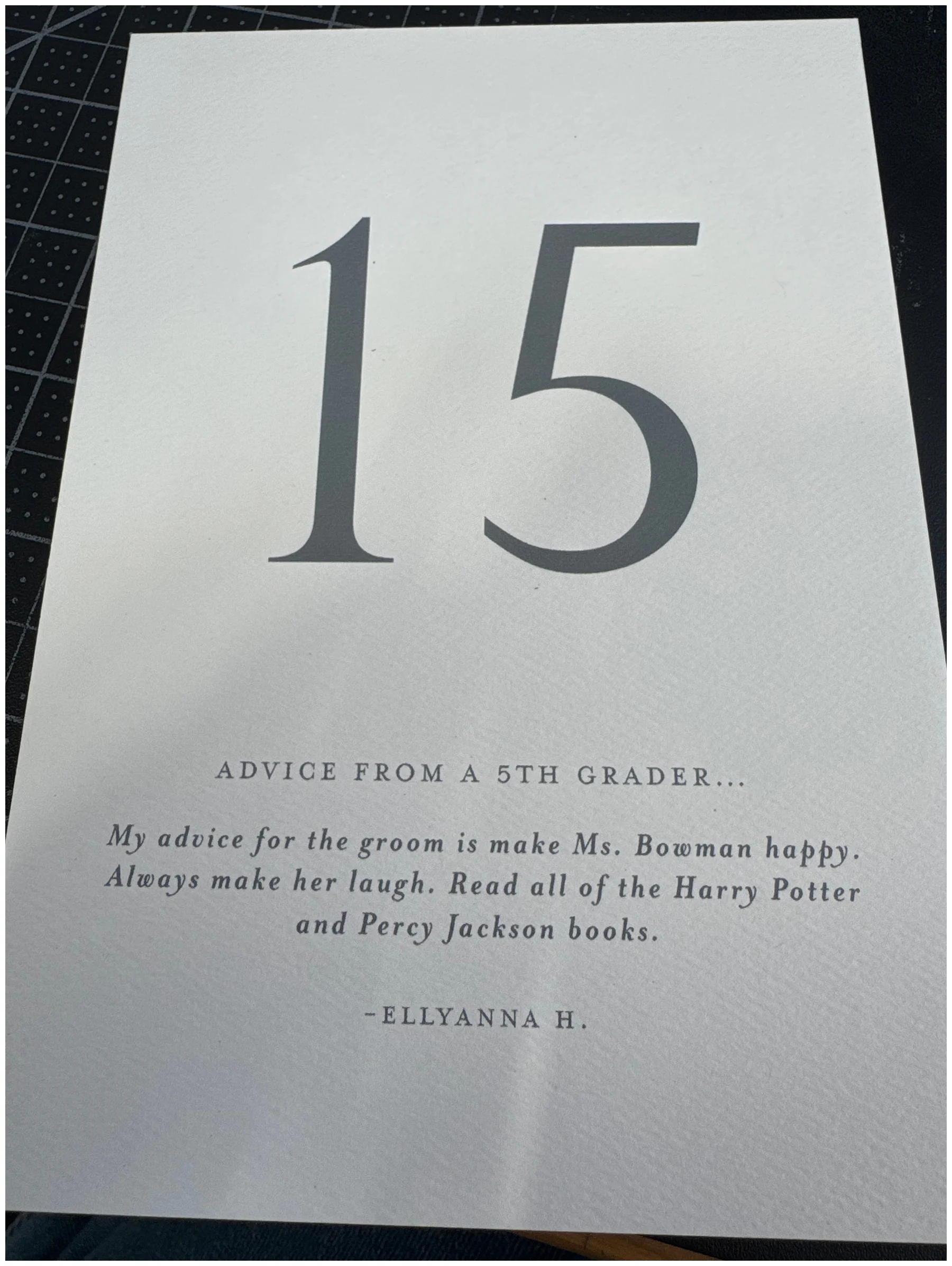 custom table numbers that include advice from bride's third grade class