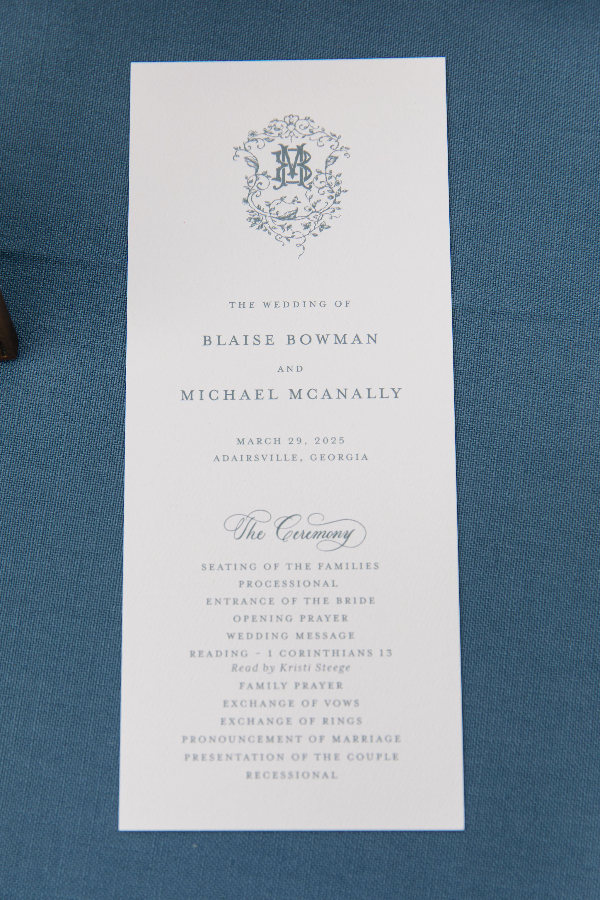wedding program by Nashville Calligraphy studio with monogram detail from other wedding and day-of-details 
