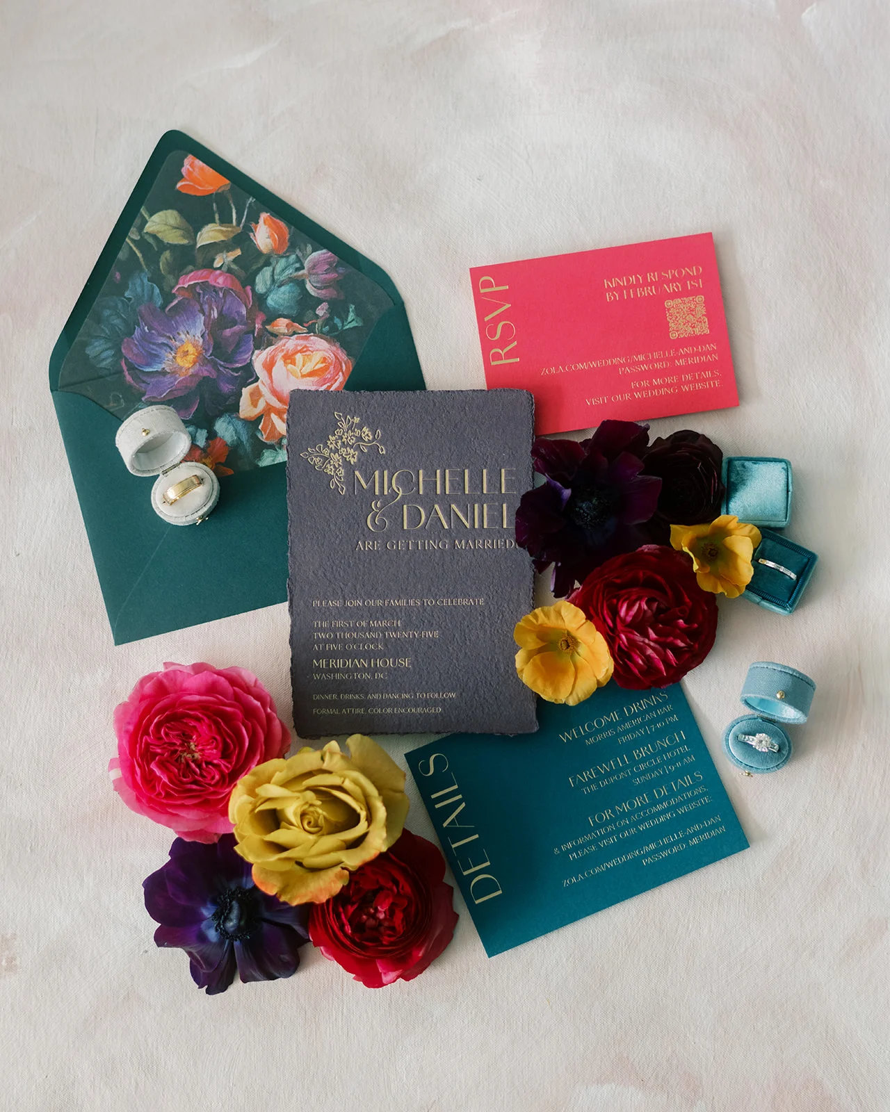 plum card stock and foiled calligraphy on custom invitation suite 