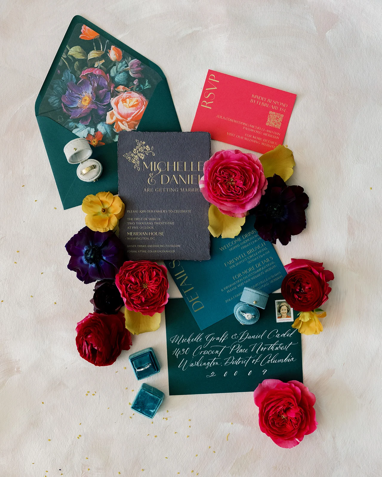 Colorful wedding invitation suite in bold jewel tones