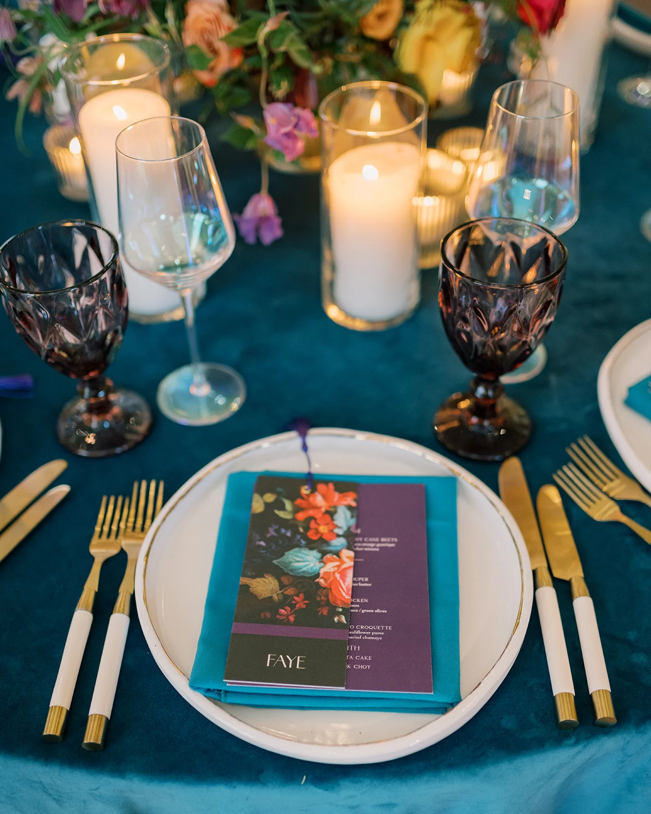 custom menus on plum cardstock and place cards that are also a keepsake bookmark 