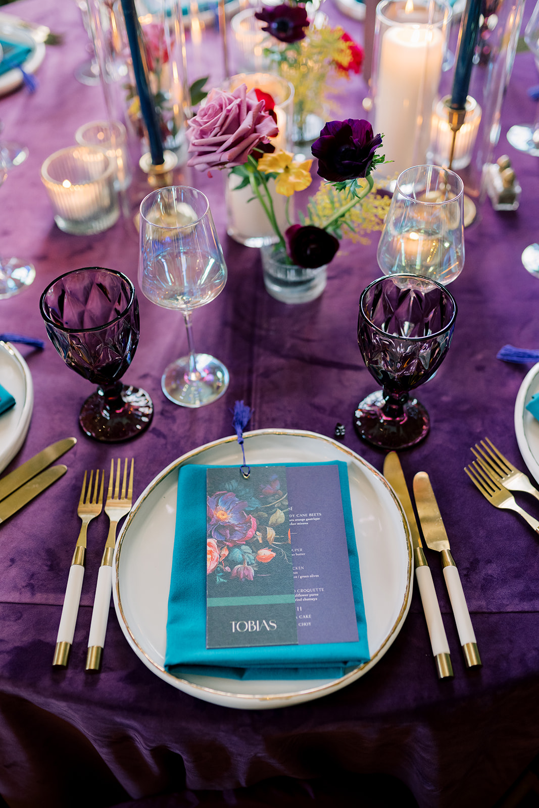 custom menus on plum cardstock and place cards that are also a keepsake bookmark 