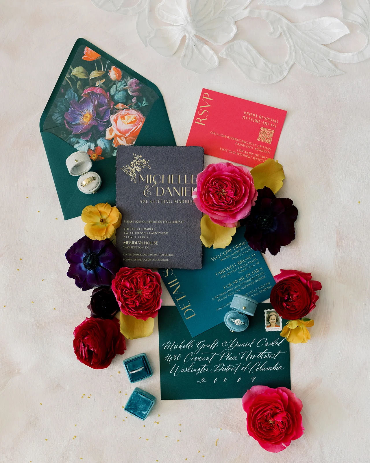 Colorful wedding invitation suite with epic floral enevelope liner for  Bookish Washington DC Wedding