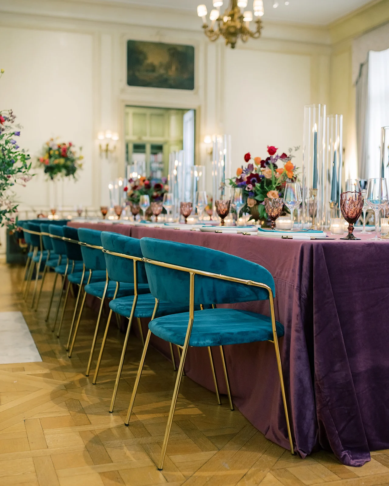 plush teal seats and plum linens from Colorful and Bookish DC Wedding