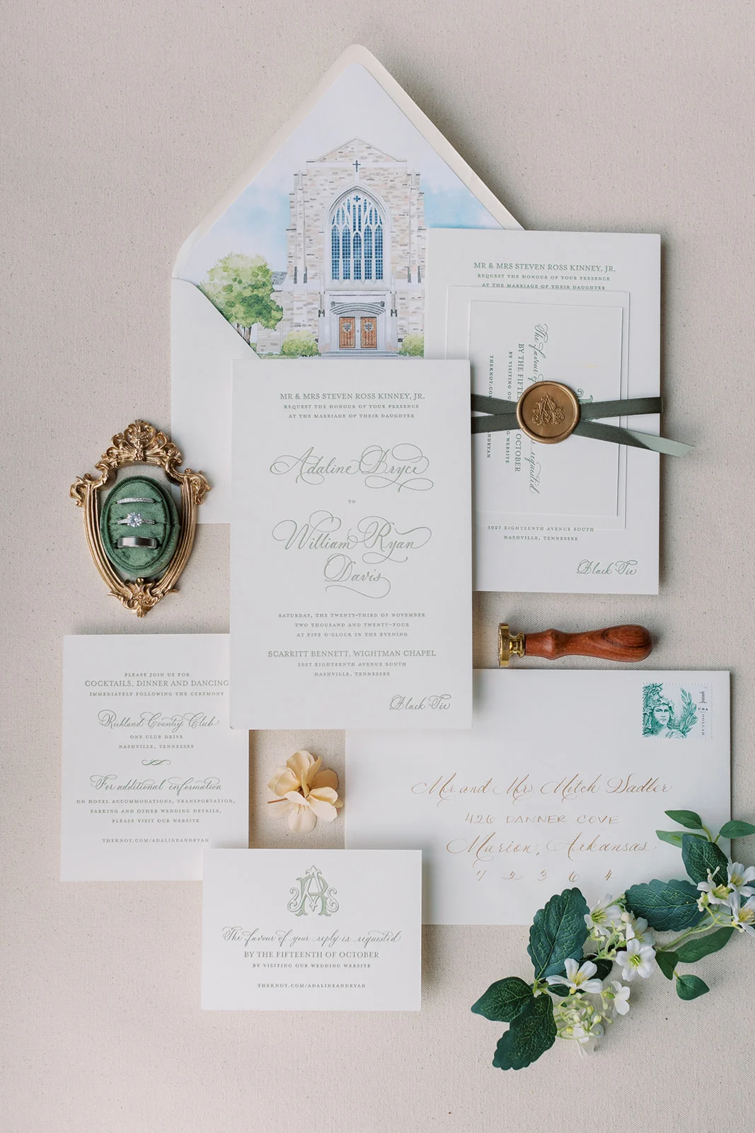 refined letterpress invitation suite Green Invitation Suites for Every Wedding Style 