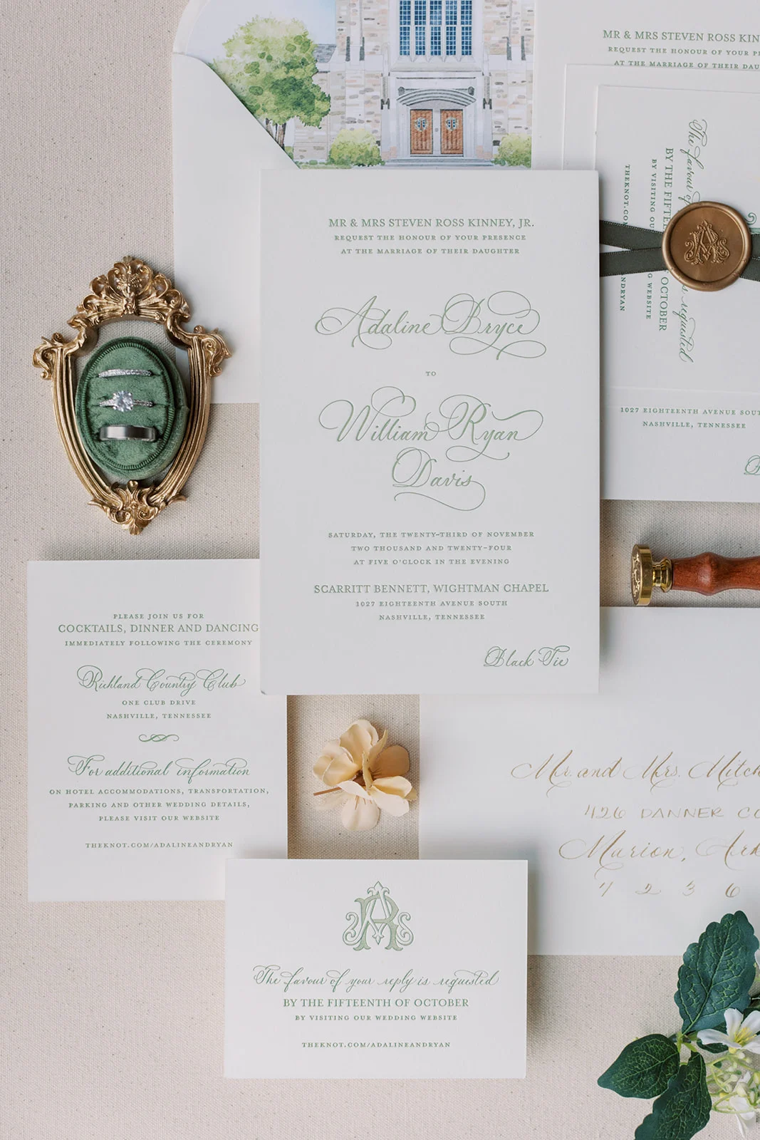 refined letterpress wedding invitation suite in light green  