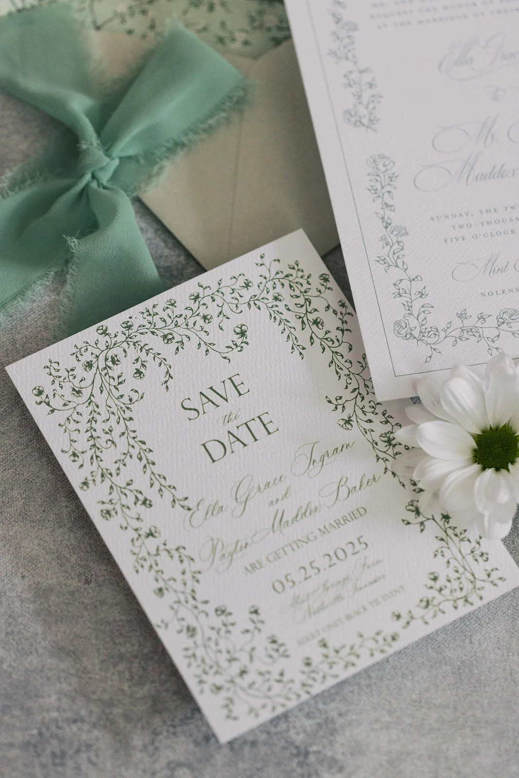 matching save the date features whimsical design of birds and leaves
