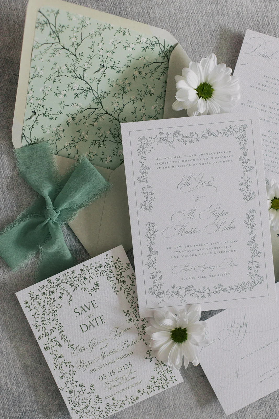 green wedding invitation suite with custom envelope liner  