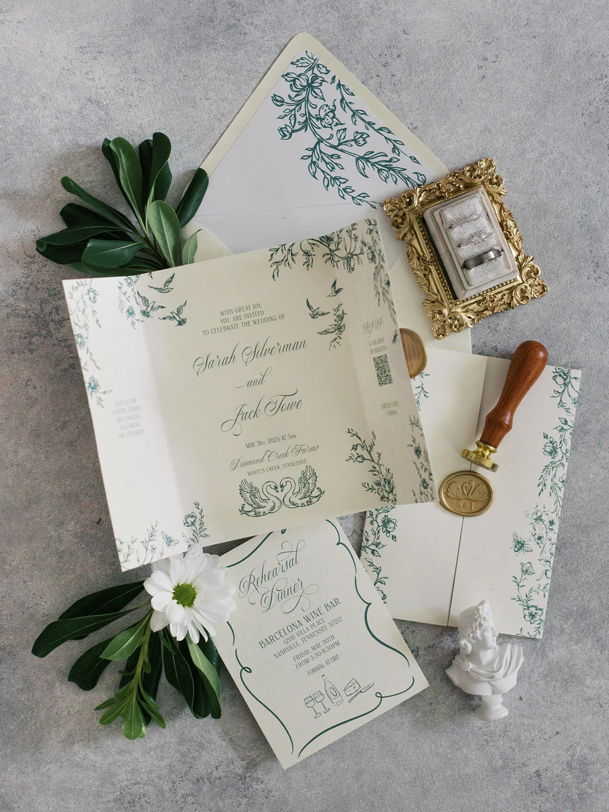 gatefold Green Invitation Suite