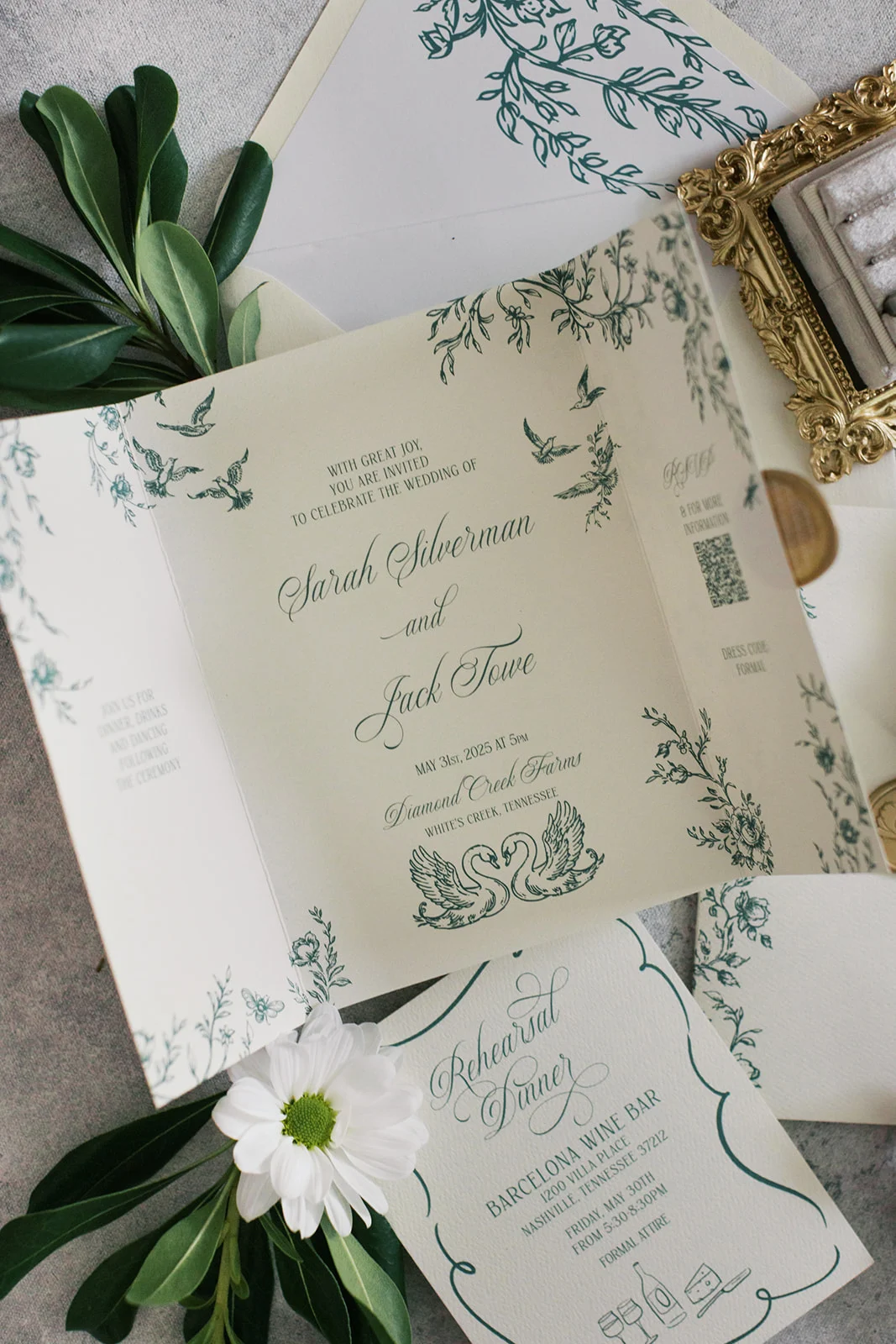 gatefold wedding invitation with green designs 