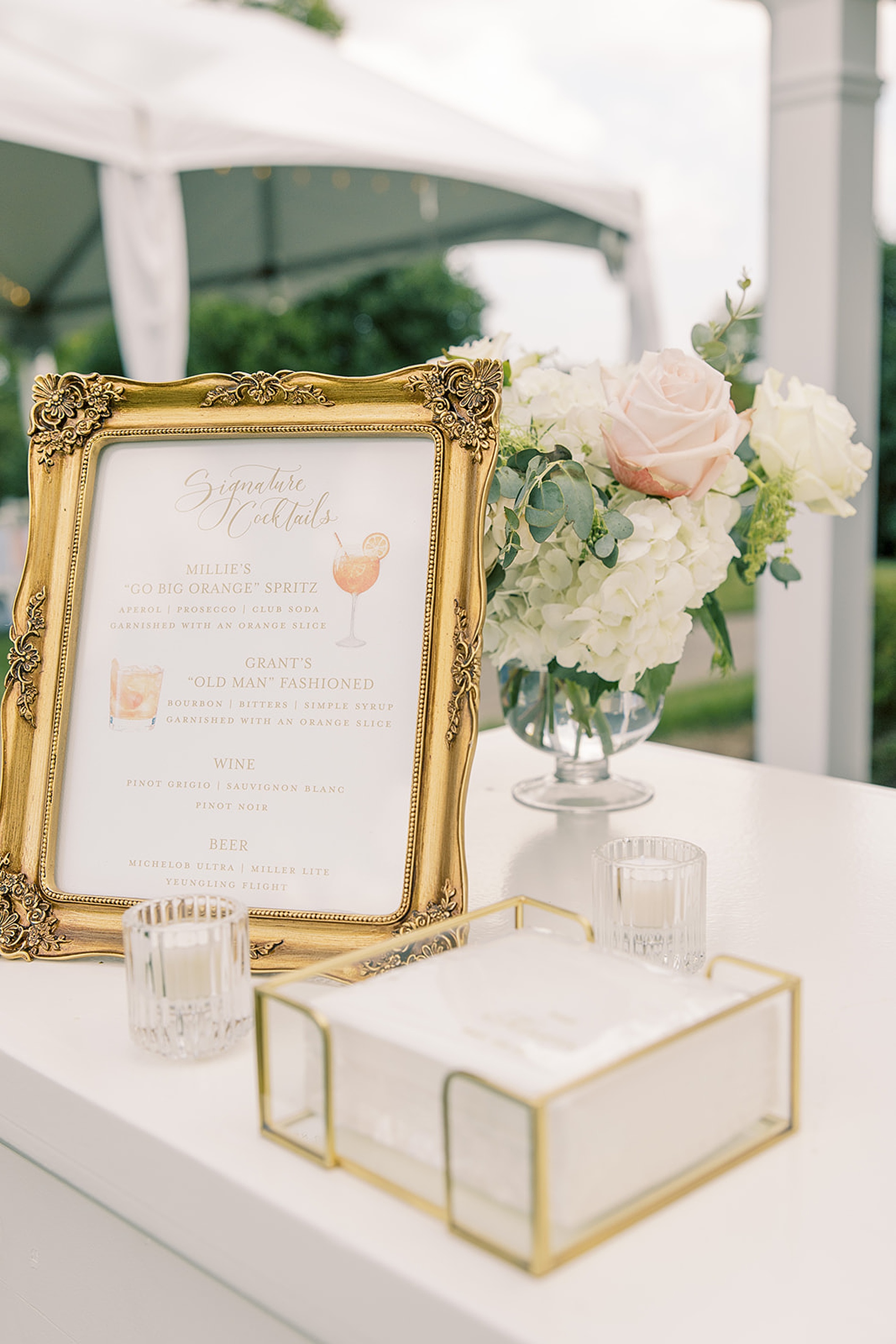 gold framed signature cocktail sign by Nashville wedding calligraphy studio 