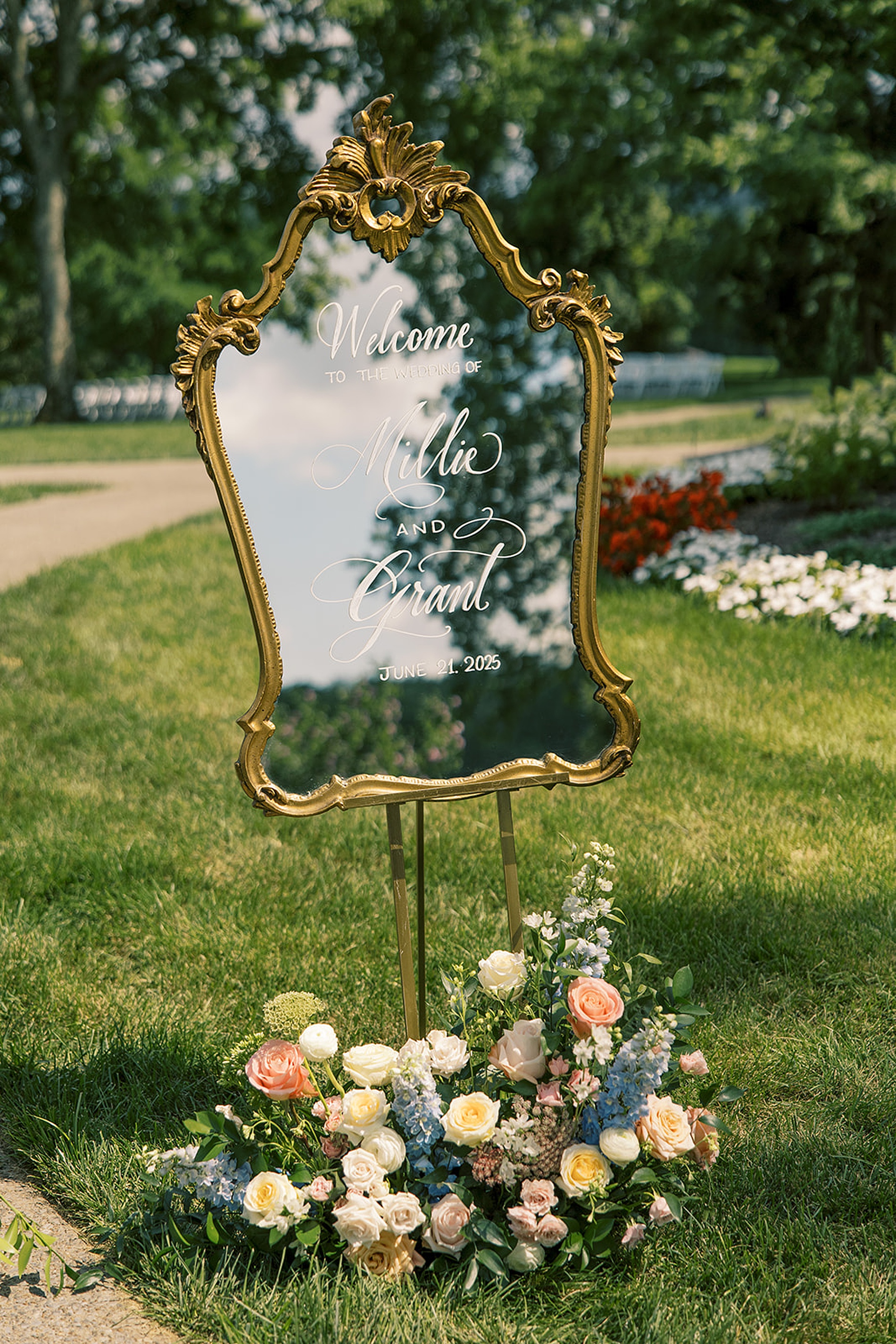gold-framed mirror welcome sign at outdoor wedding in Brentwood TN