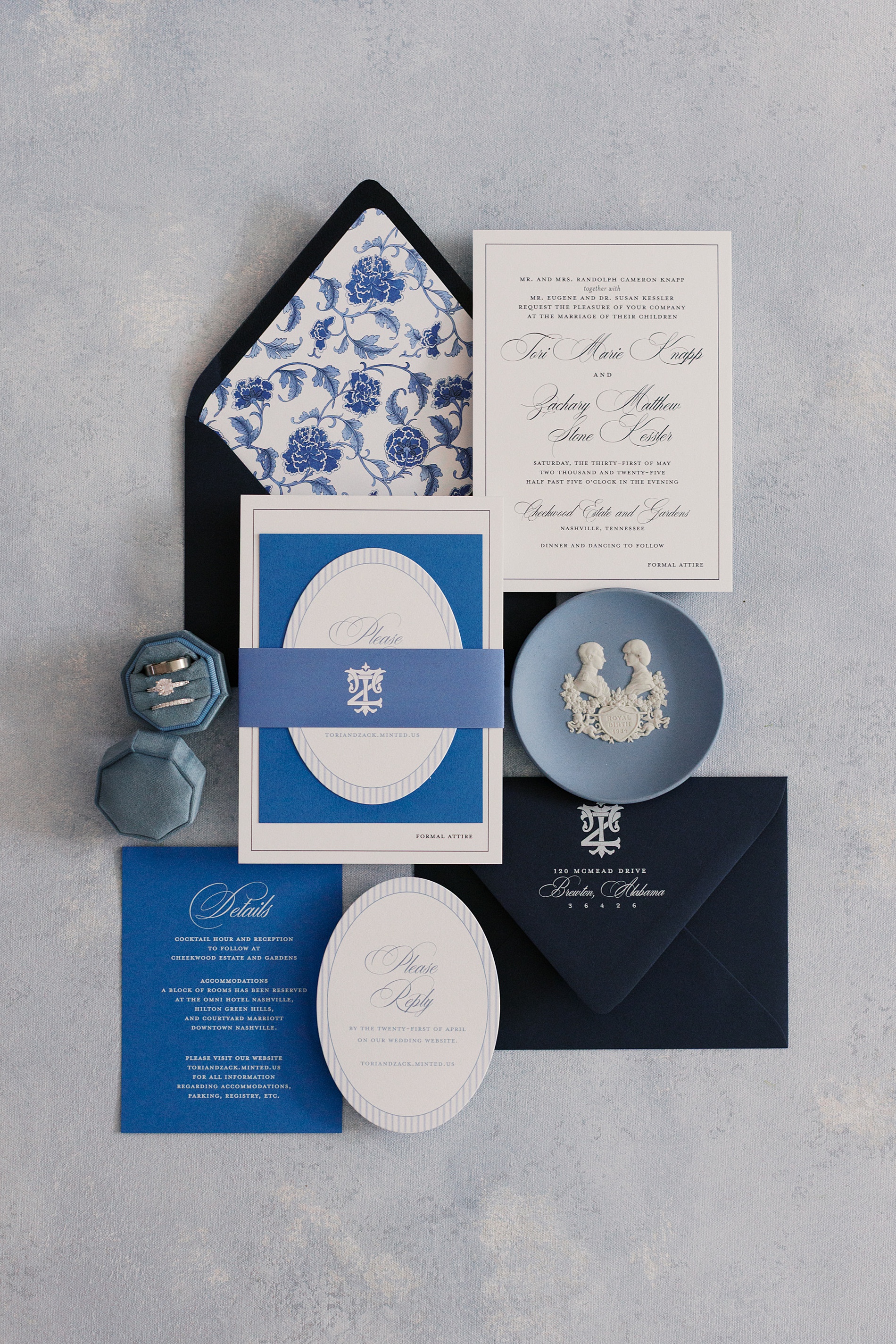 Chinoiserie-Inspired Elegance in Various Blues on this custom wedding invitation