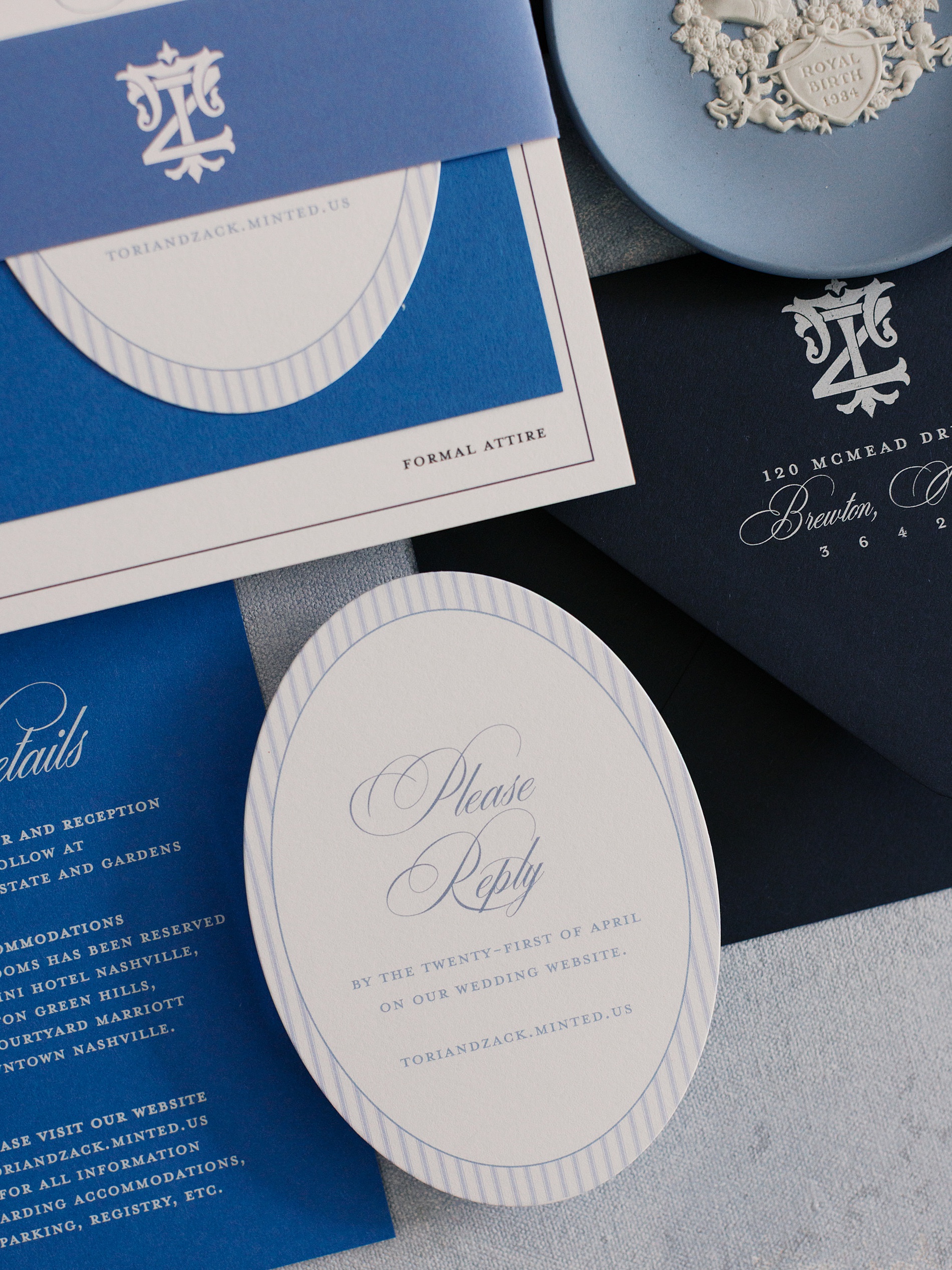 Timeless and elegant blue invitations for Nashville wedding 