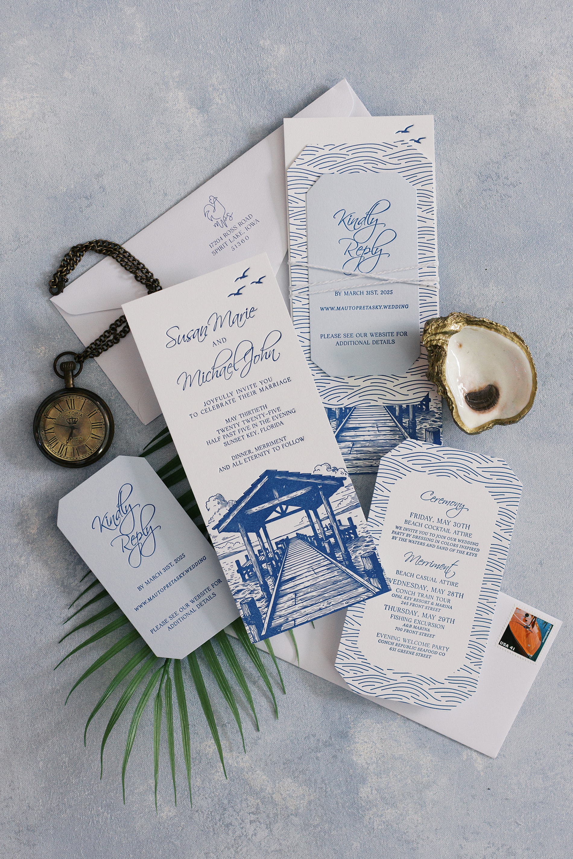 Key West wedding invitation suite featuring calming blue hues