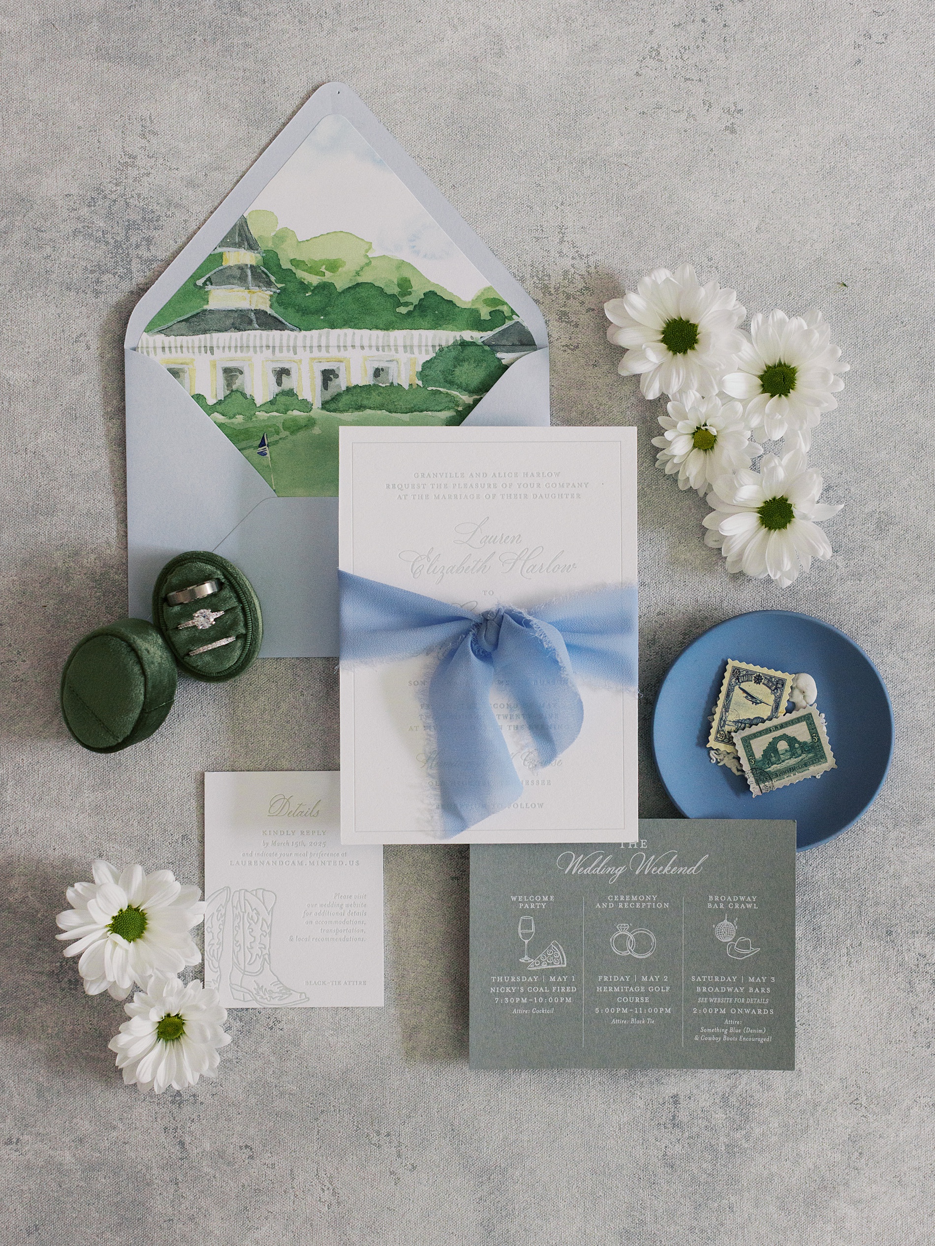 elegant dust blue wedding invitation suite