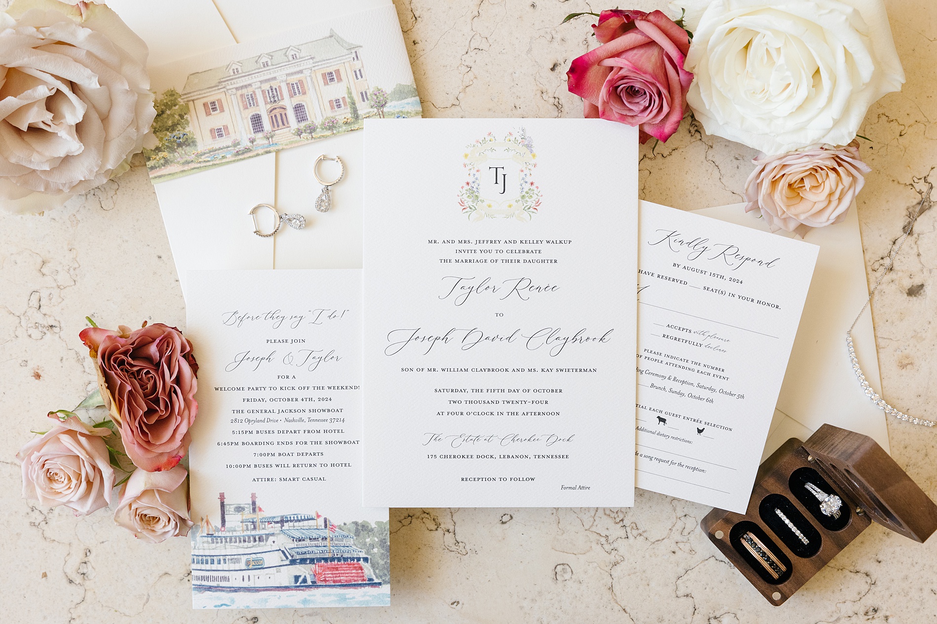 Luxurious Fall Wedding Details at Cherokee Dock with custom Sketches for an Elegant Invitation Suite  