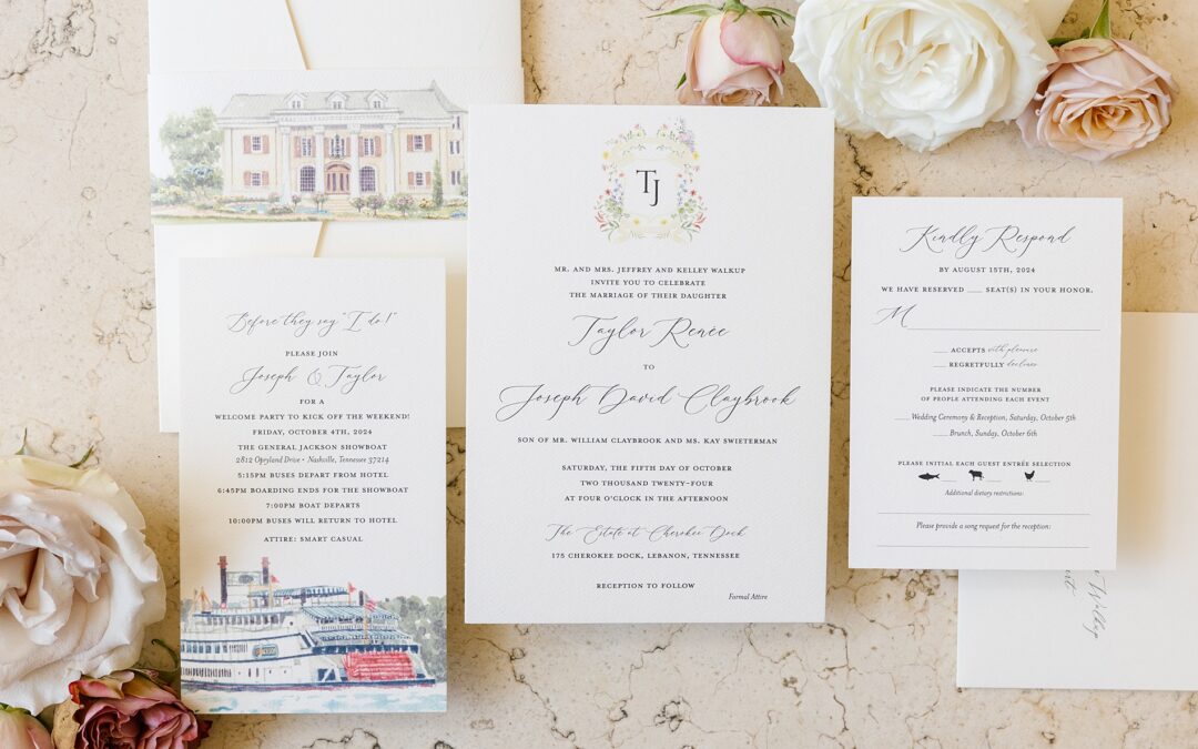 Luxurious Fall Wedding at Cherokee Dock | Custom Sketches for Elegant Invitations  