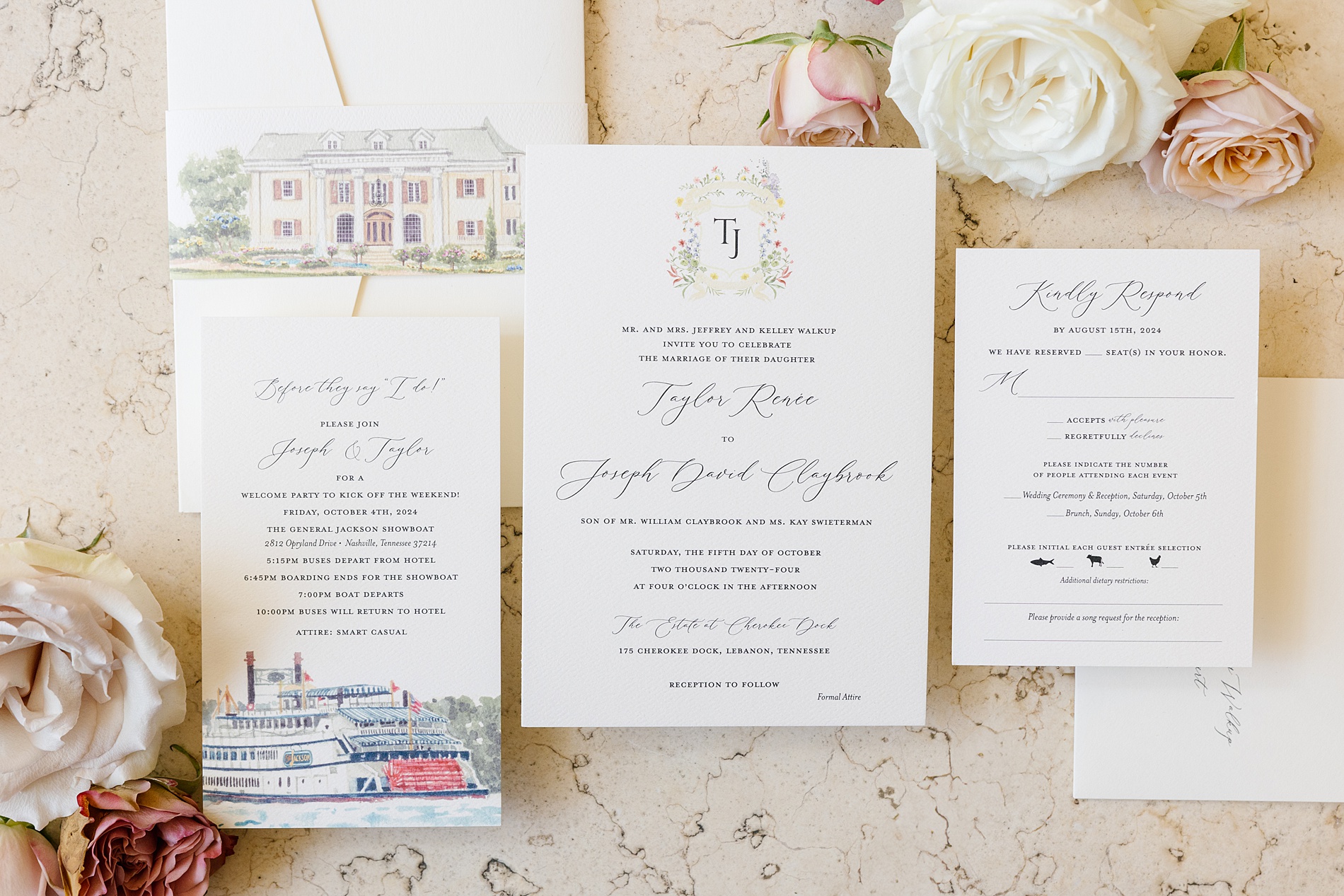 Custom Nashville wedding invitations featuring custom sketch of venue, Cherokee Dock, and General Jackson Showboat