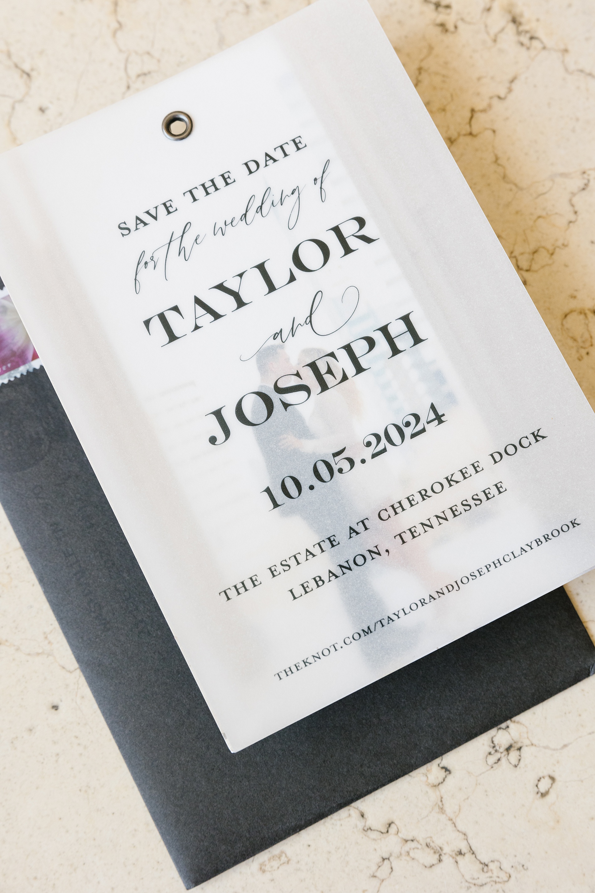 custom save the dates with vellum overlay and engagement photo