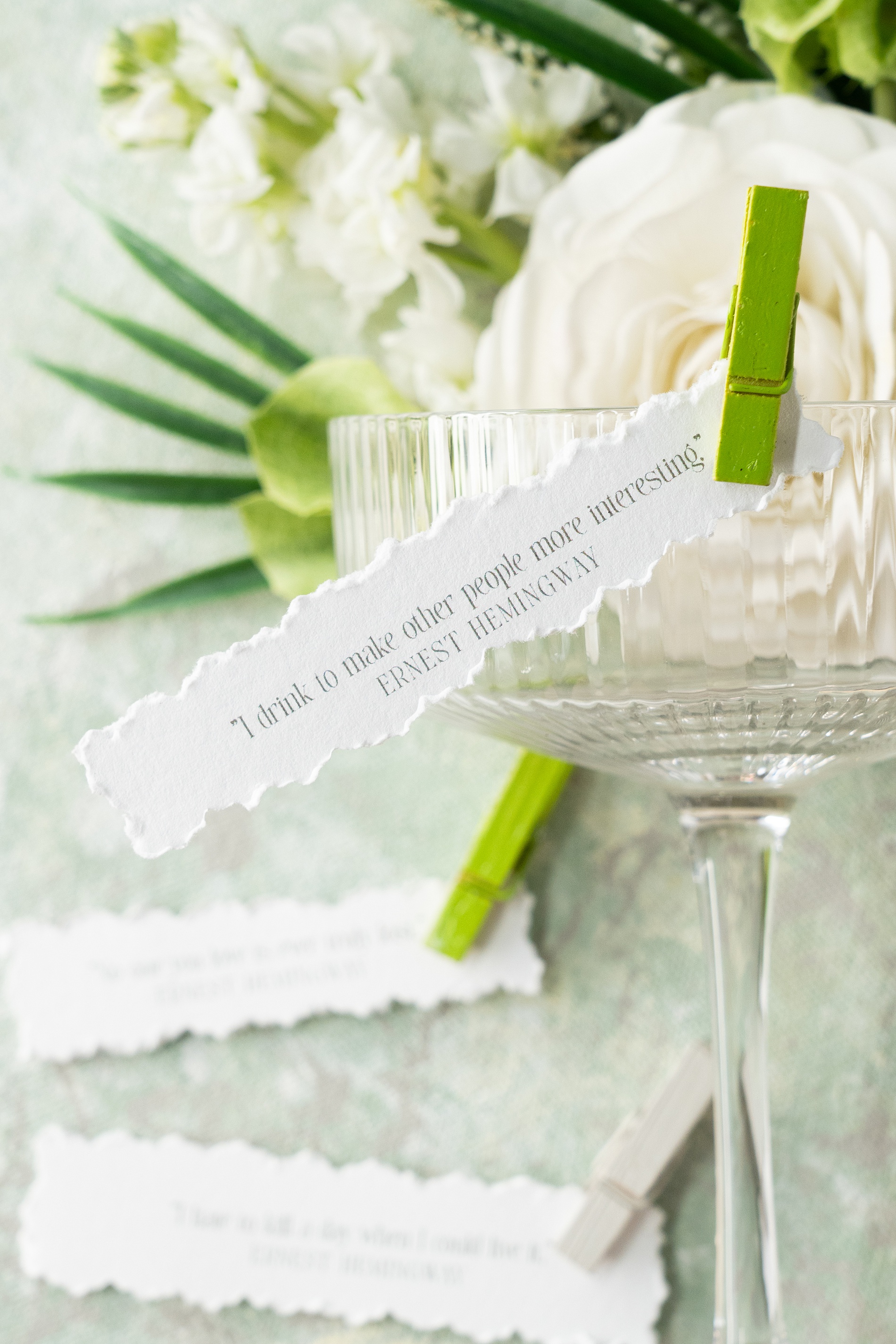 Hemingway quotes on cocktail glasses at Key West wedding 