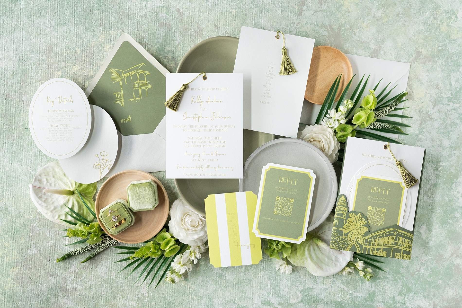 Key West Wedding Invitations in different shades of green 
