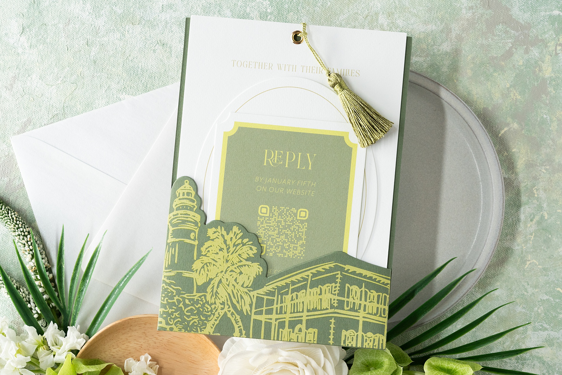 custom artwork featuring Key West venue sketch of the Hemingway House | Key West Wedding Invitations