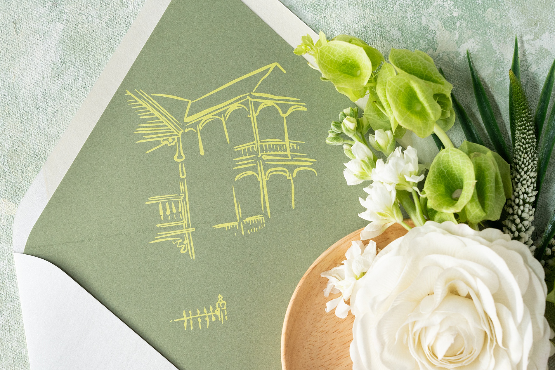 custom venue sketch on envelope liner from Key West Wedding Invitations