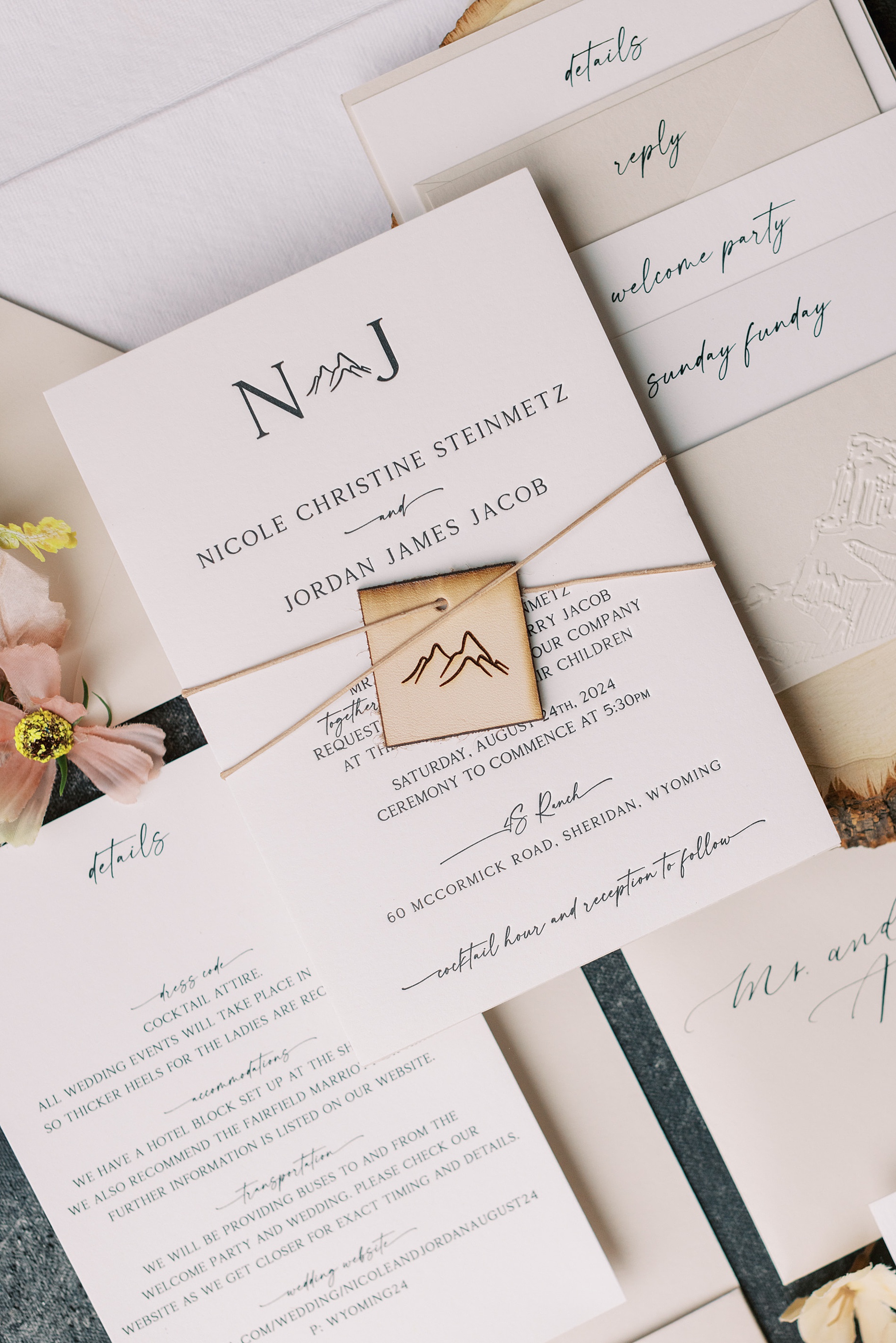 Wyoming Ranch Wedding invitation in Sheridan, WY with mountain details